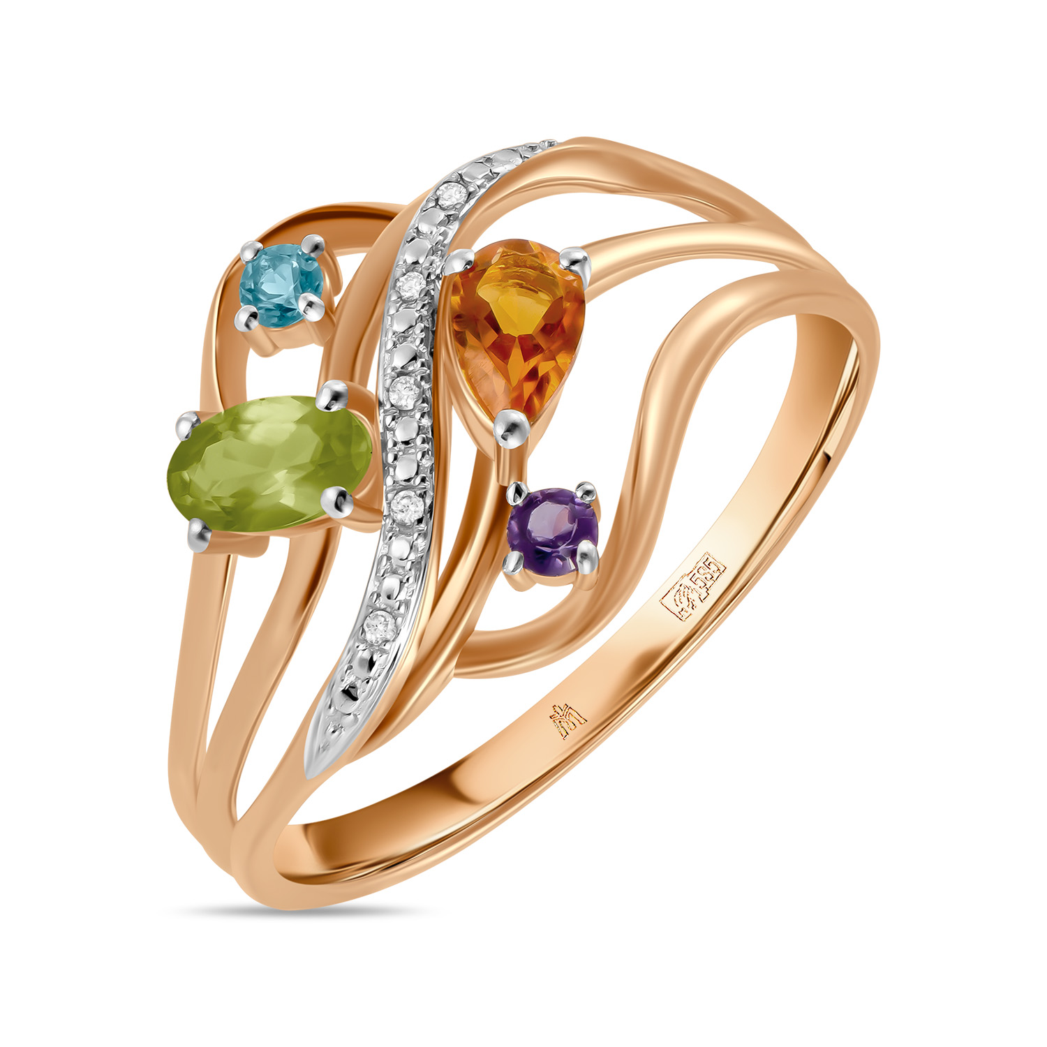 Кольца МЮЗ Золотое кольцо с аметистом, топазом, цитрином, бриллиантами и перидотом