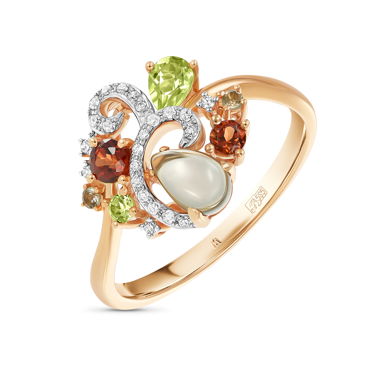 Кольца МЮЗ Золотое кольцо с бриллиантами, гранатами, перидотами и кварцем кольца мюз золотое кольцо с аметистами топазом бриллиантами перидотами и кварцем