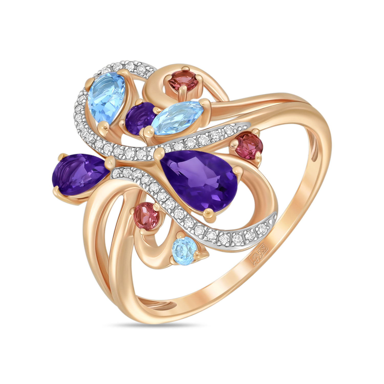 Кольца МЮЗ Золотое кольцо с аметистами, топазом, бриллиантами и турмалином кольца мюз золотое кольцо с бриллиантами и турмалином
