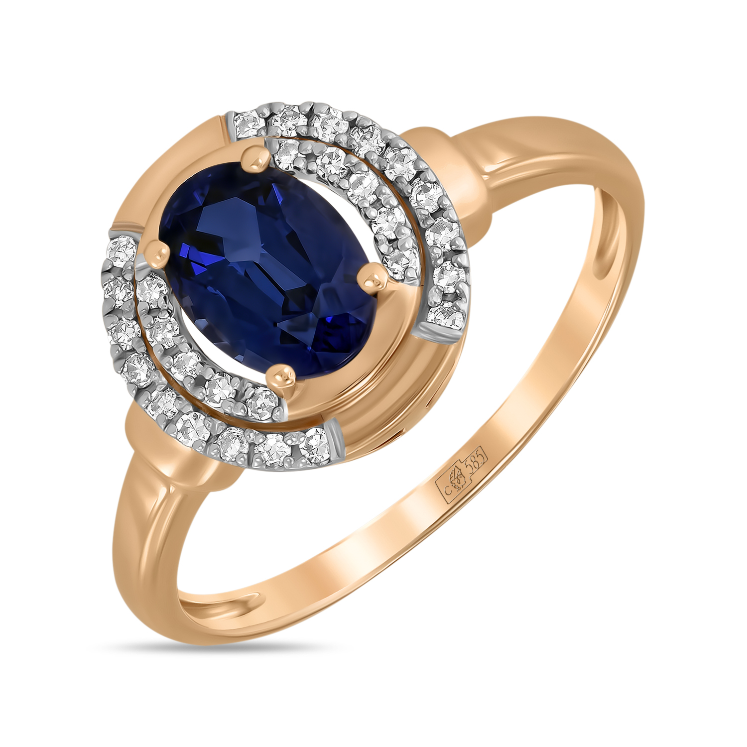 Золотое кольцо c бриллиантами и выращенным сапфиром, цвет красный - фото 1