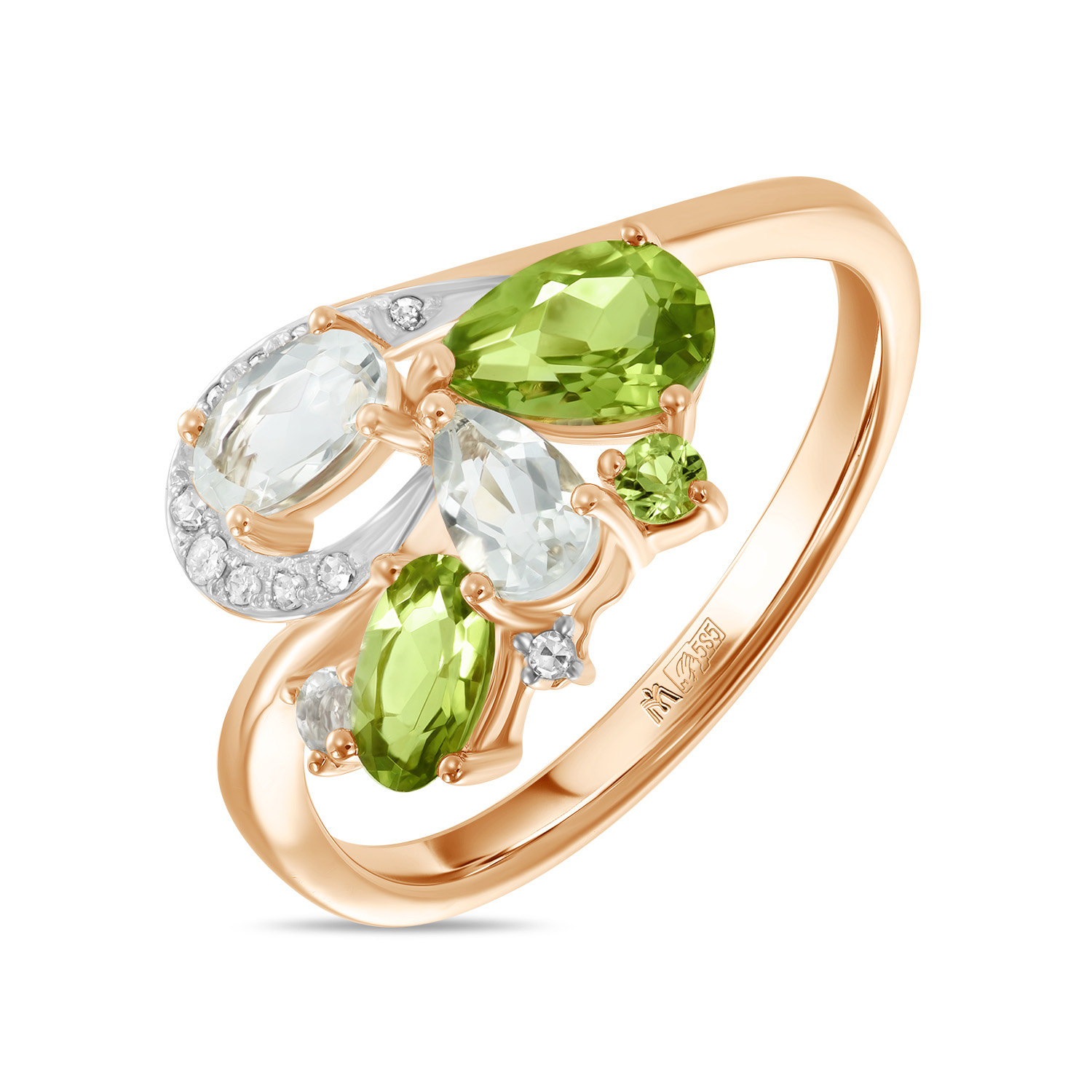Кольца МЮЗ Золотое кольцо с аметистами, бриллиантами и перидотами