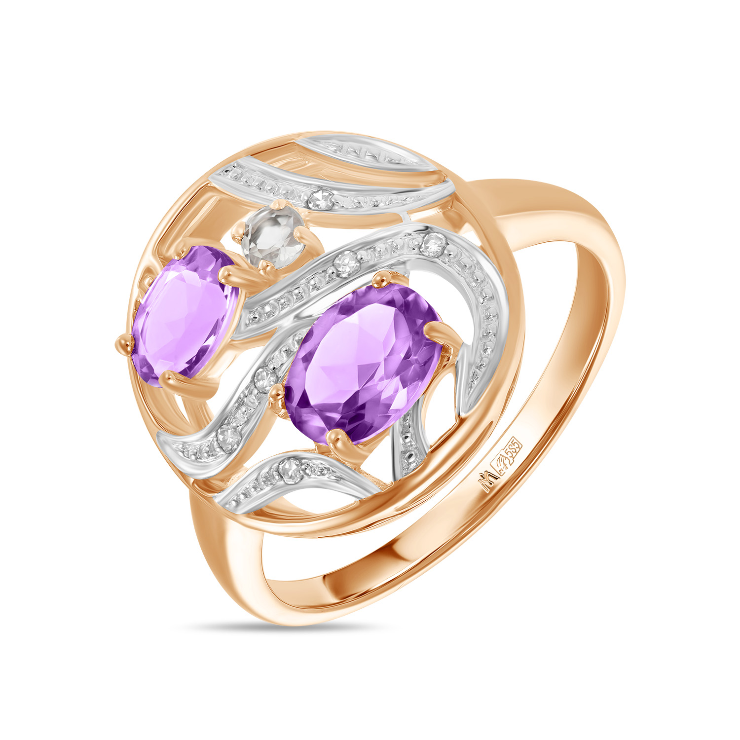 Кольца МЮЗ Золотое кольцо с аметистами, бриллиантами и кварцем
