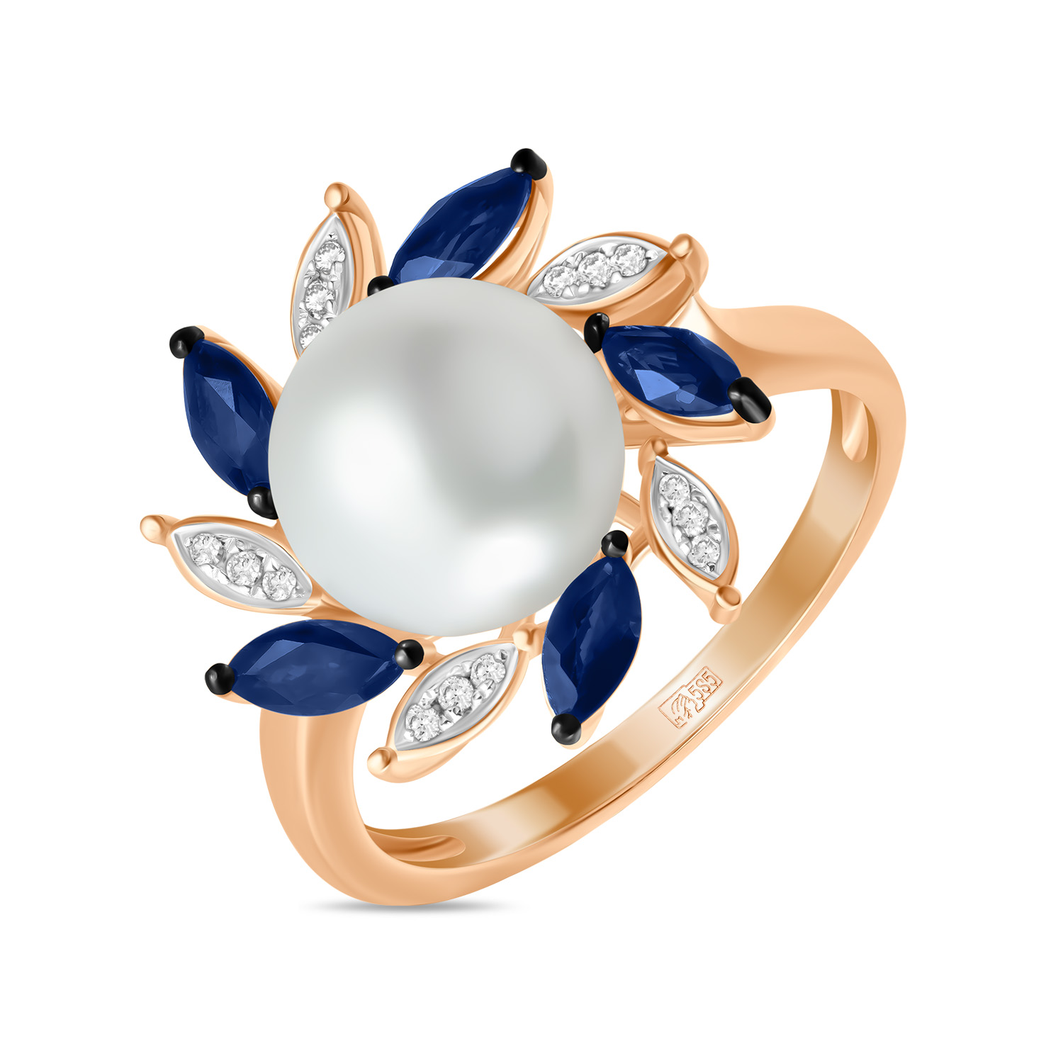 Кольца МЮЗ Золотое кольцо с бриллиантами, жемчугом и сапфирами кольца мюз золотое кольцо с аметистом жемчугом и сапфирами