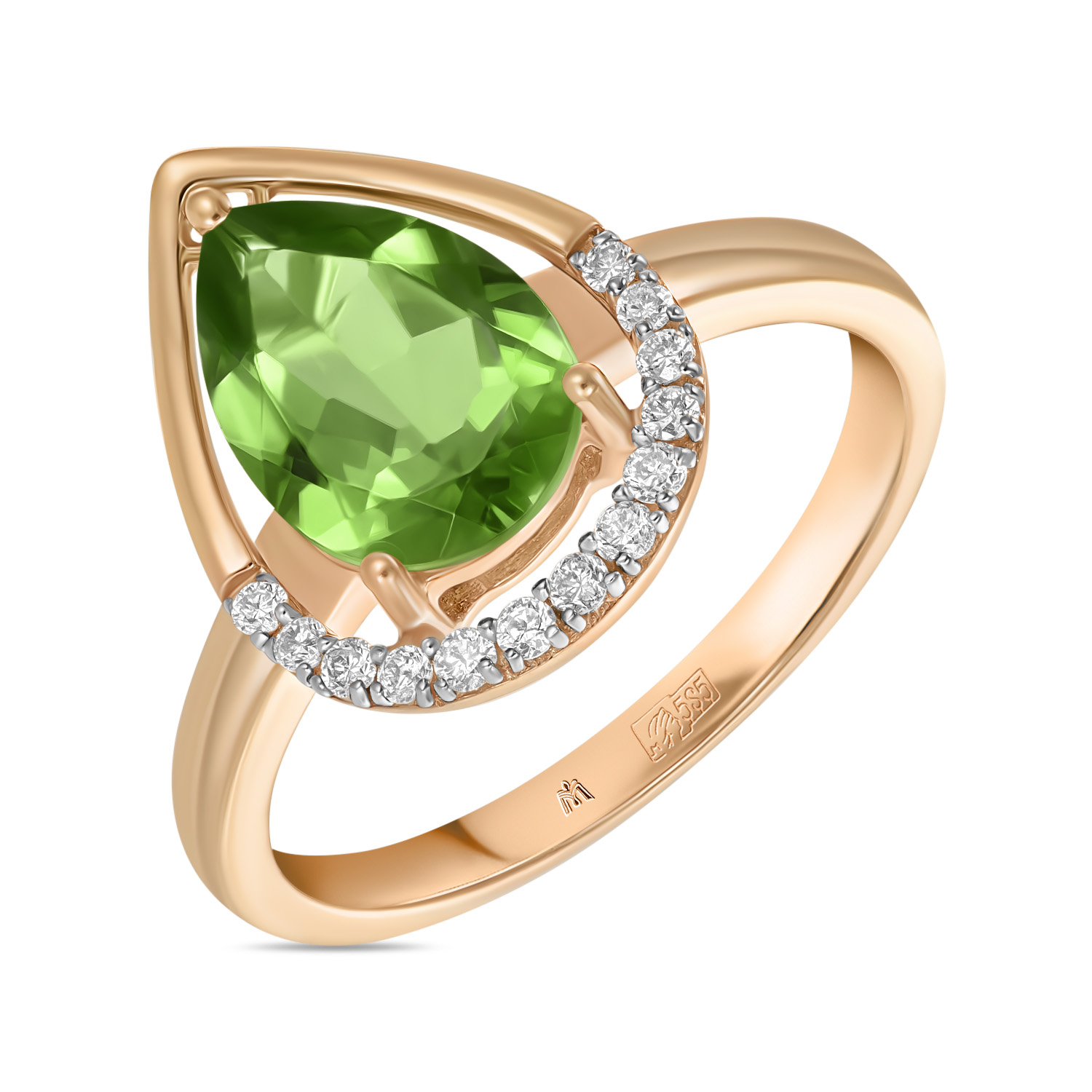 Кольца МЮЗ Золотое кольцо с бриллиантами и перидотом кулон с перидотом восточное солнце