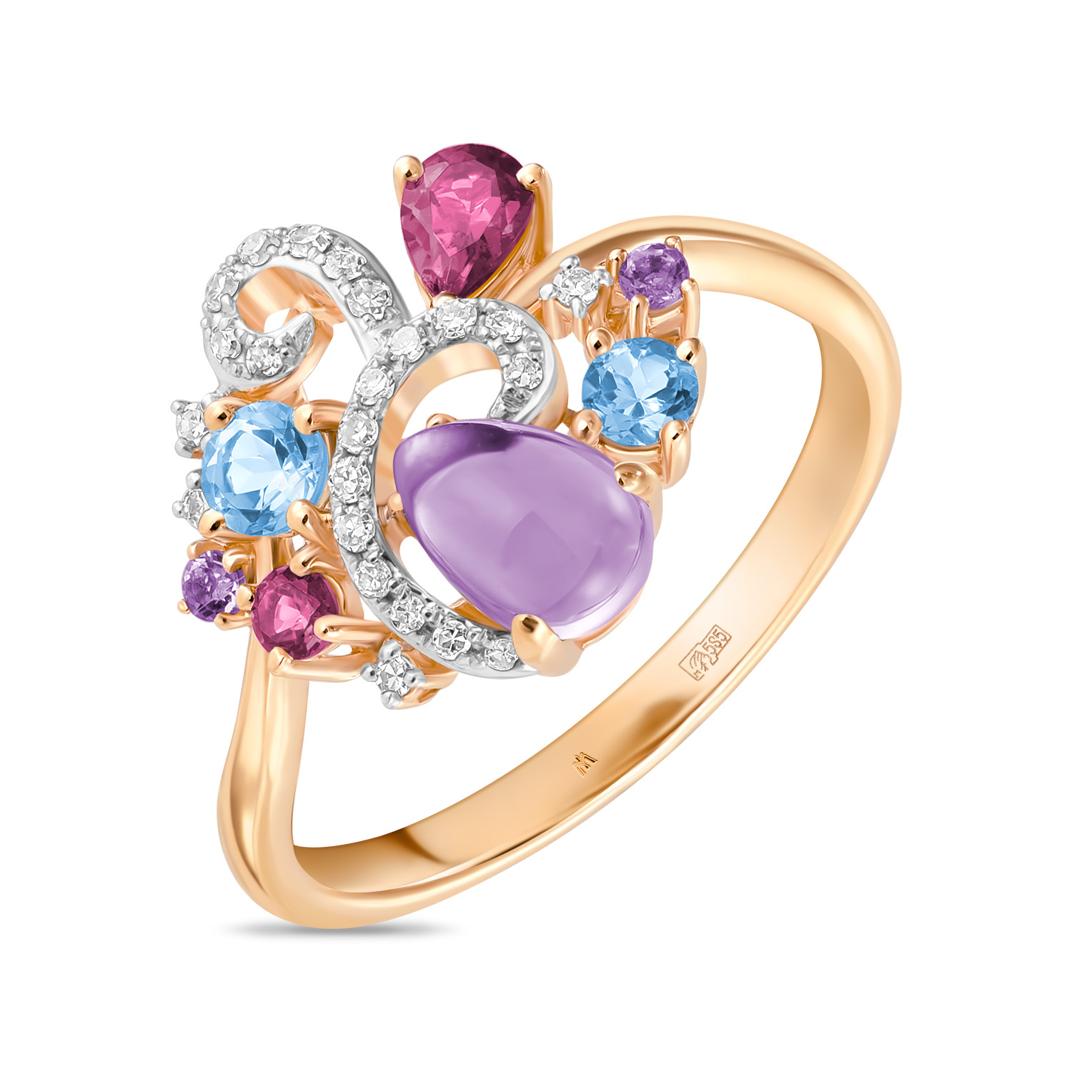Кольца МЮЗ Золотое кольцо с аметистами, топазом, бриллиантами и родолитом кольца мюз золотое кольцо с аметистами и топазом