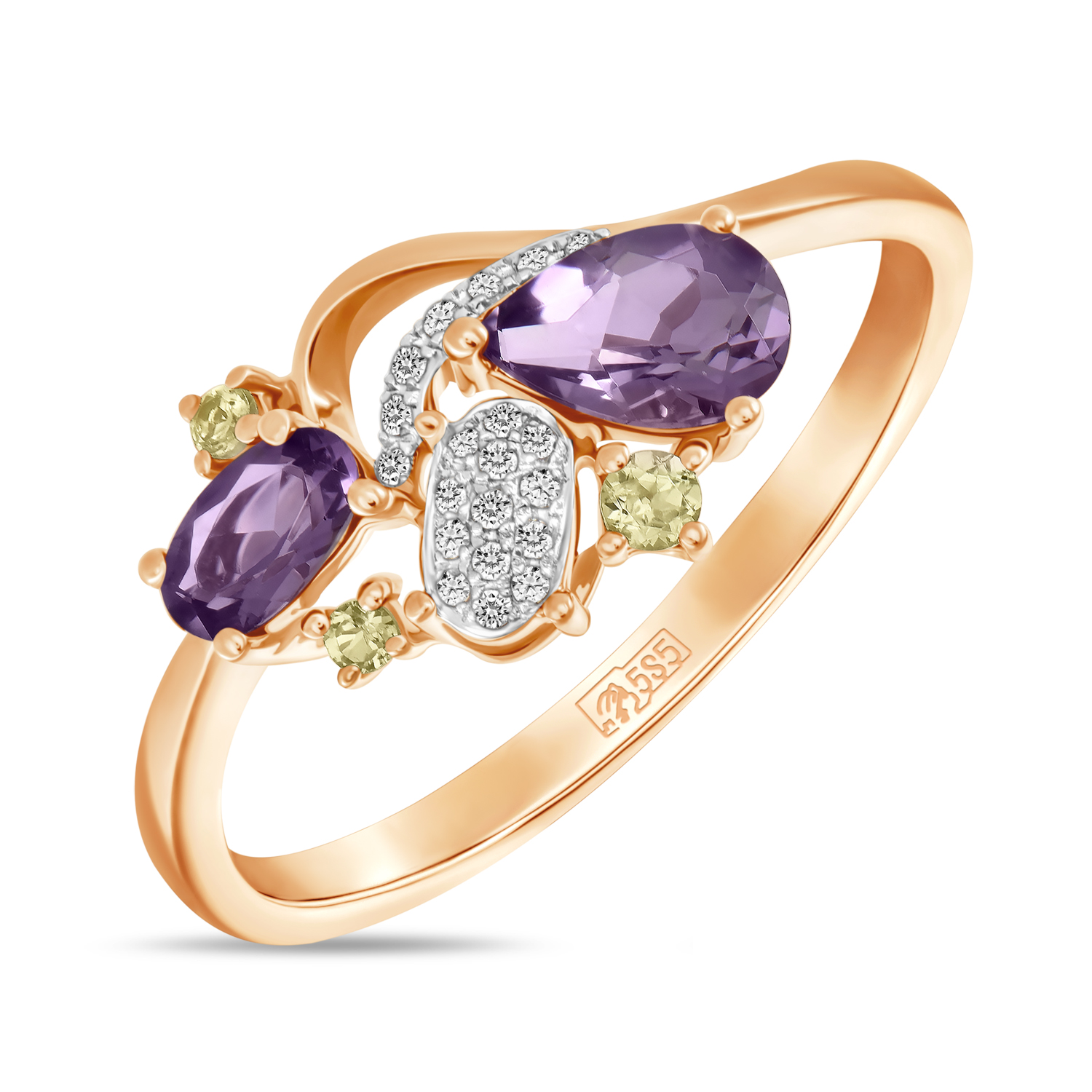 Кольца МЮЗ Золотое кольцо с аметистами, бриллиантами и перидотами