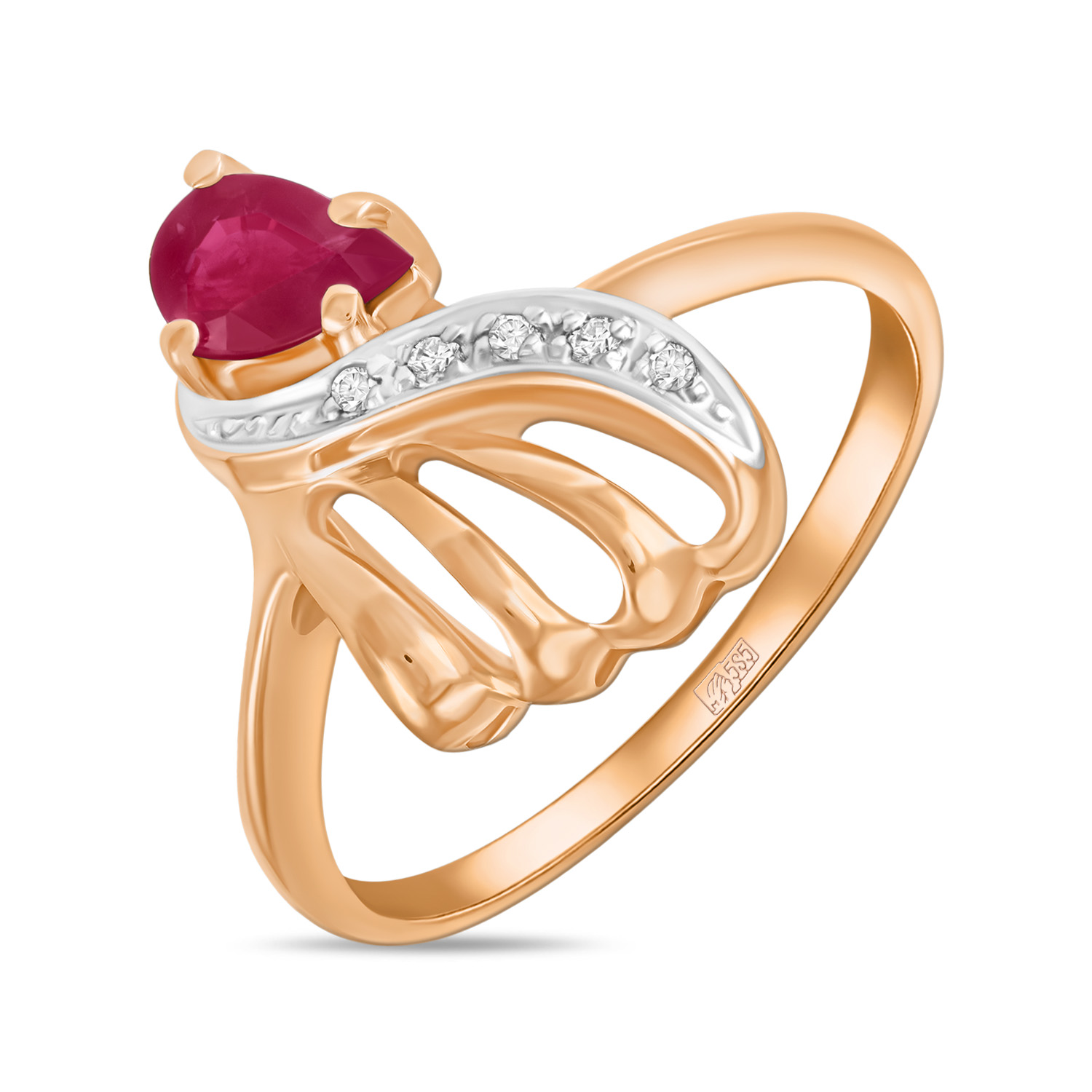 Кольца МЮЗ Золотое кольцо с рубином и фианитами