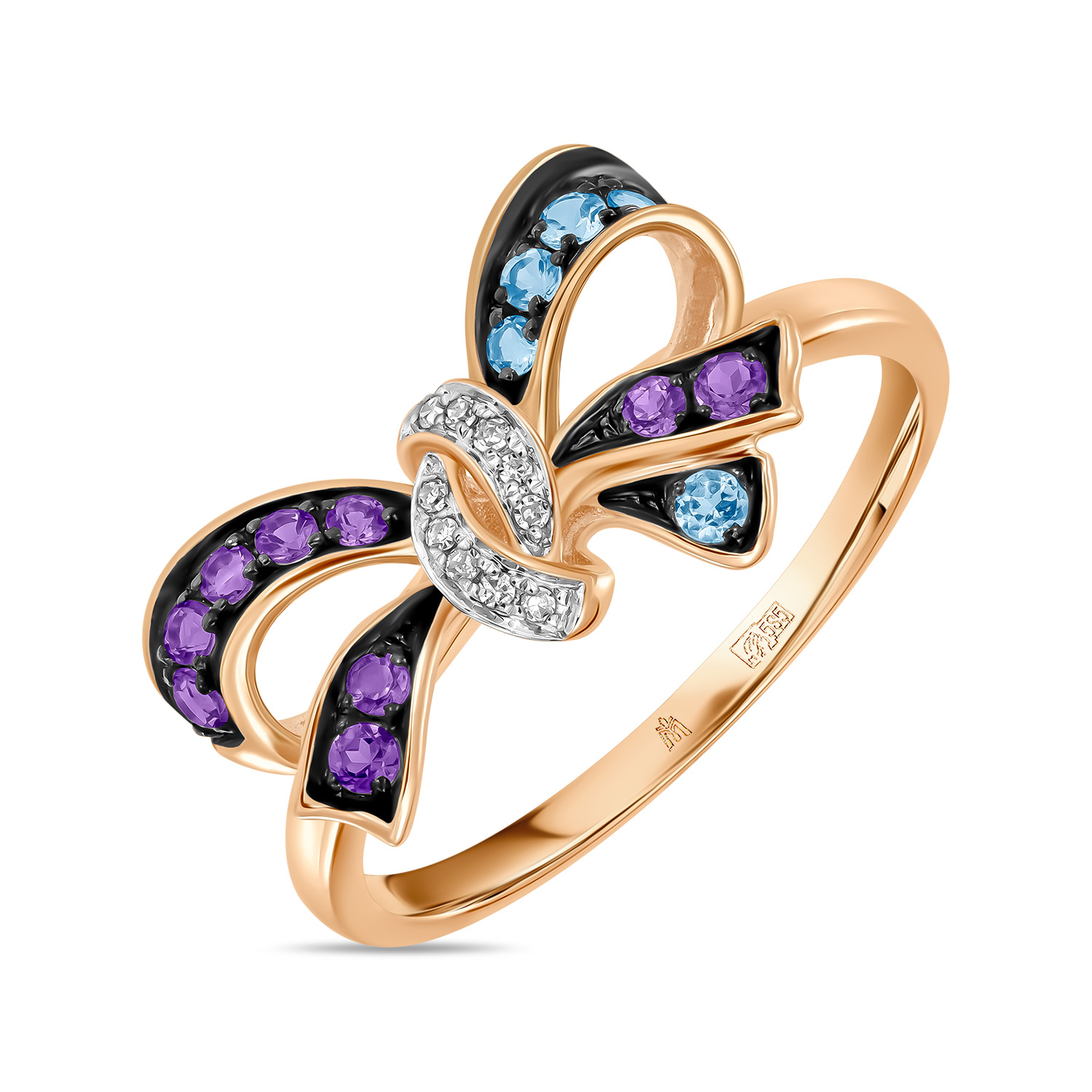 кольца мюз золотое кольцо с аметистами топазом бриллиантами иолитом и цветными сапфирами Кольца МЮЗ Золотое кольцо с аметистами, топазом и бриллиантами