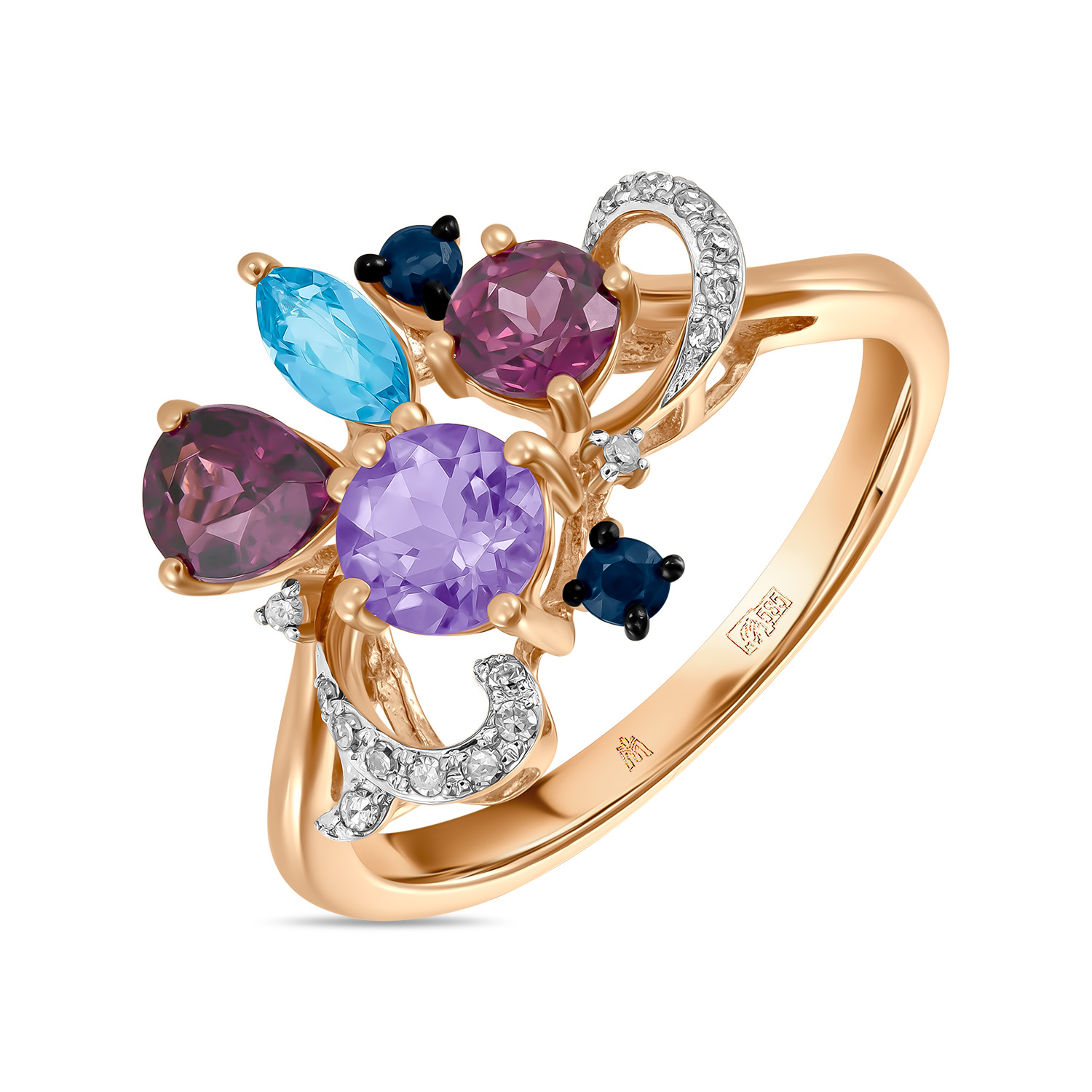 Кольца МЮЗ Золотое кольцо с аметистом, топазом, бриллиантами, родолитом и сапфирами