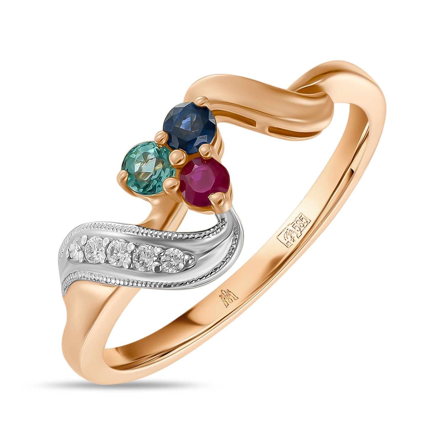 Кольца МЮЗ Золотое кольцо с бриллиантами, изумрудом, рубином и сапфиром