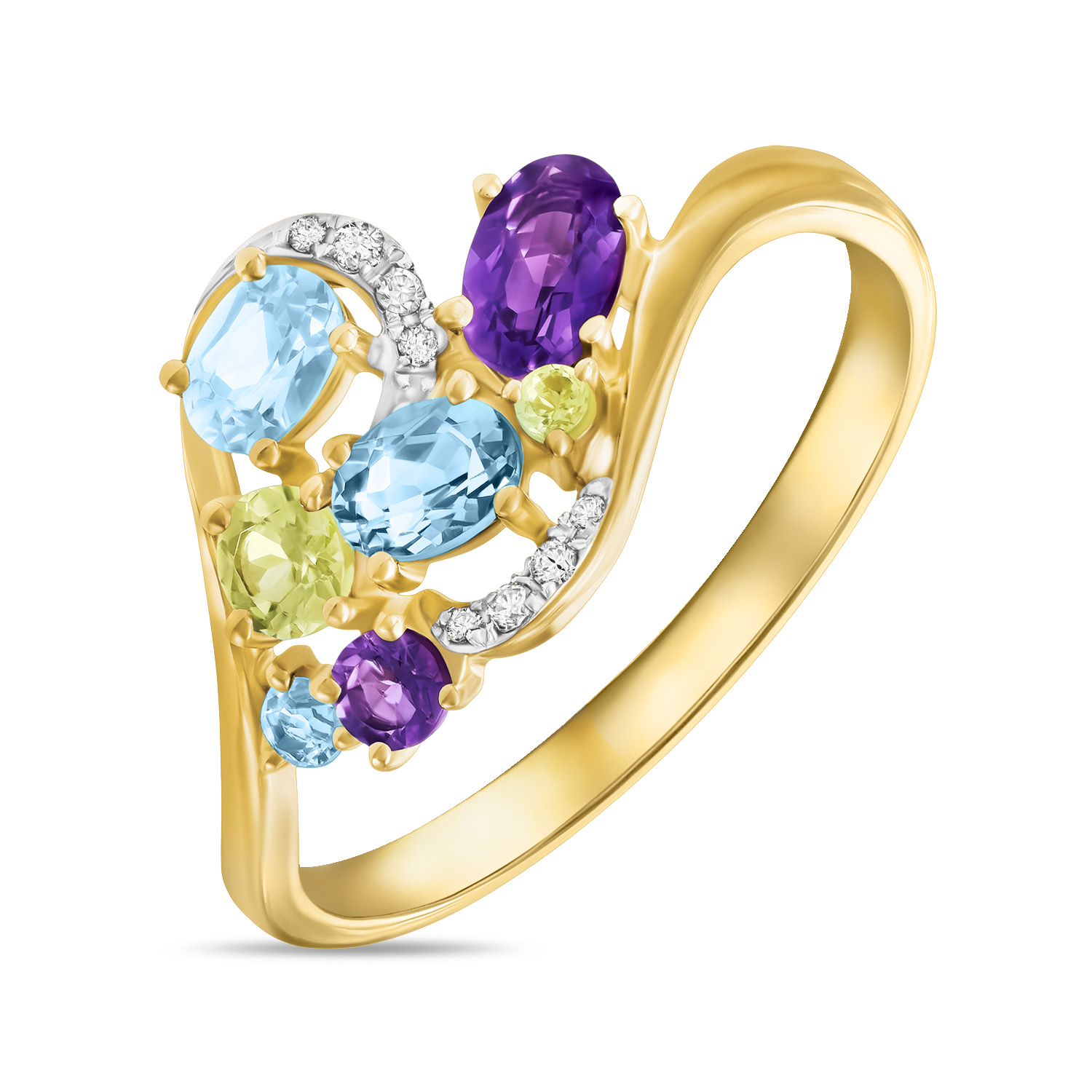 Кольца МЮЗ Золотое кольцо с аметистами, топазом, бриллиантами и перидотами кольца мюз золотое кольцо с аметистами топазом бриллиантами и перидотами