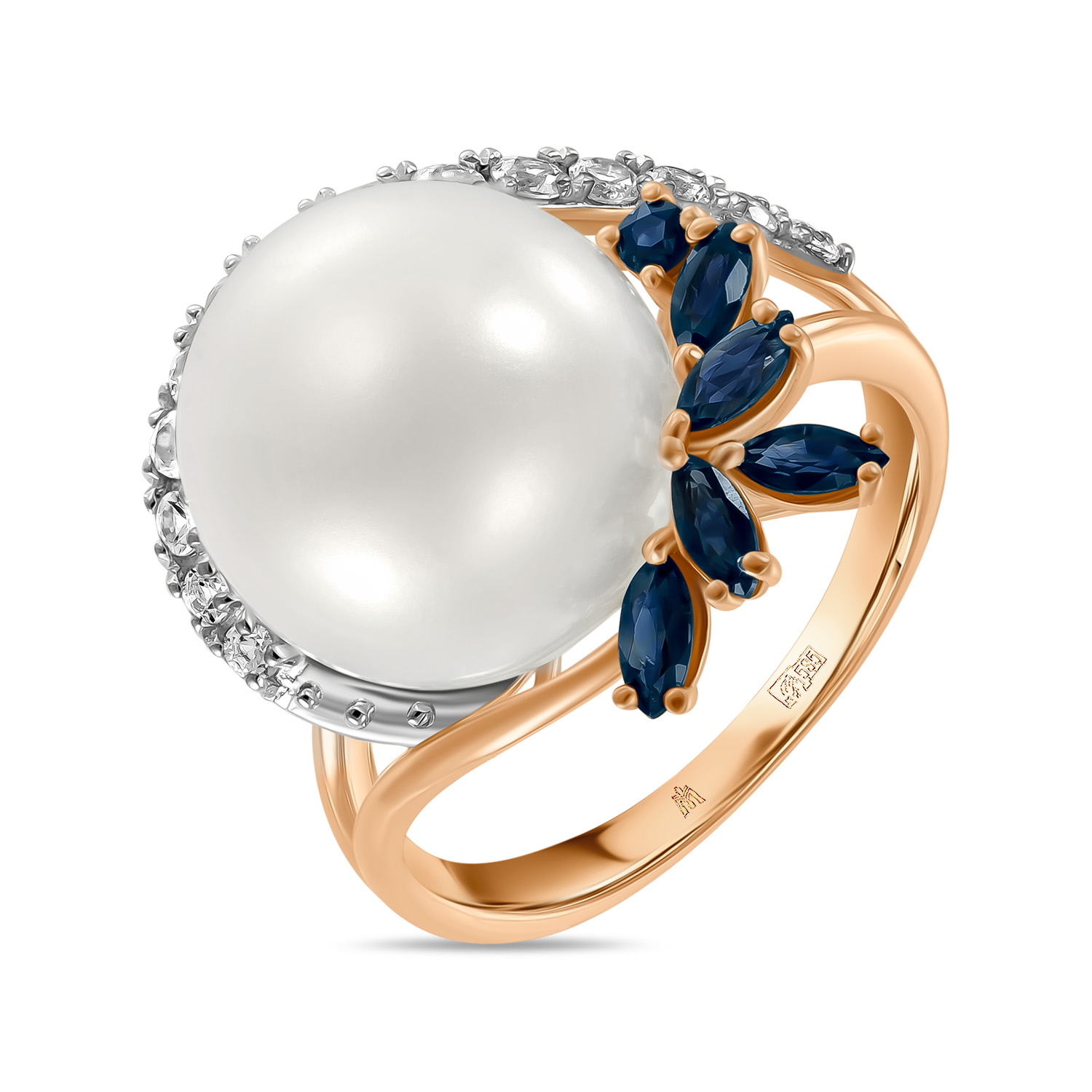 Кольца МЮЗ Золотое кольцо с жемчугом, цветными сапфирами и сапфирами кольца мюз золотое кольцо с аметистом жемчугом и сапфирами