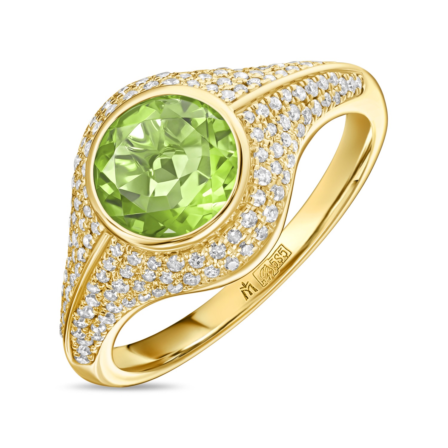 Кольца МЮЗ Кольцо с бриллиантами и перидотом кольцо с перидотом восточное солнце