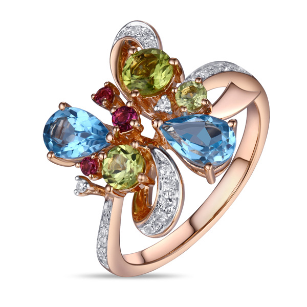 Кольца МЮЗ Золотое кольцо с топазом, бриллиантами, перидотами и родолитом