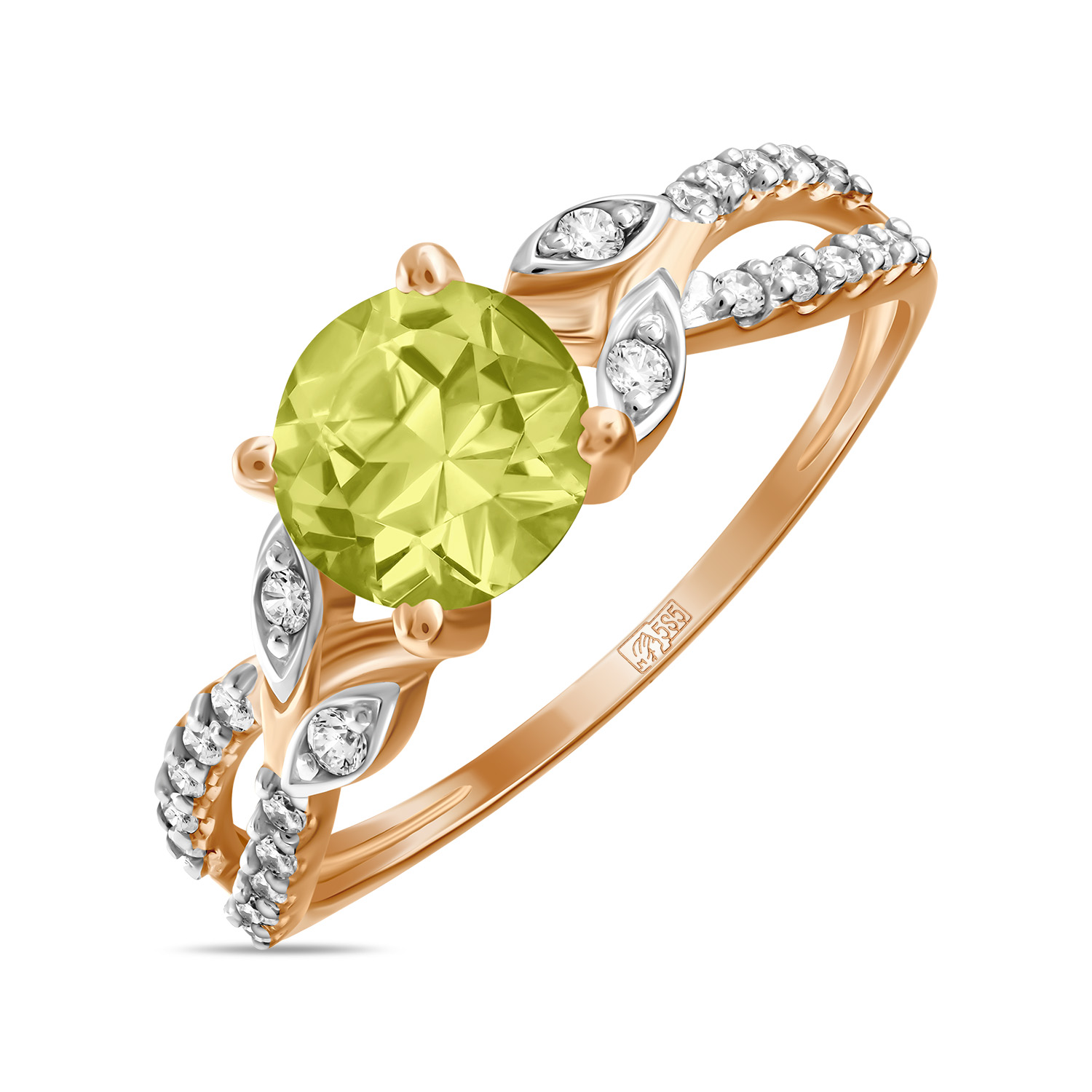 Кольца МЮЗ Золотое кольцо с хризолитом и фианитами кольца мюз кольцо с аметистом топазом хризолитом и фианитами