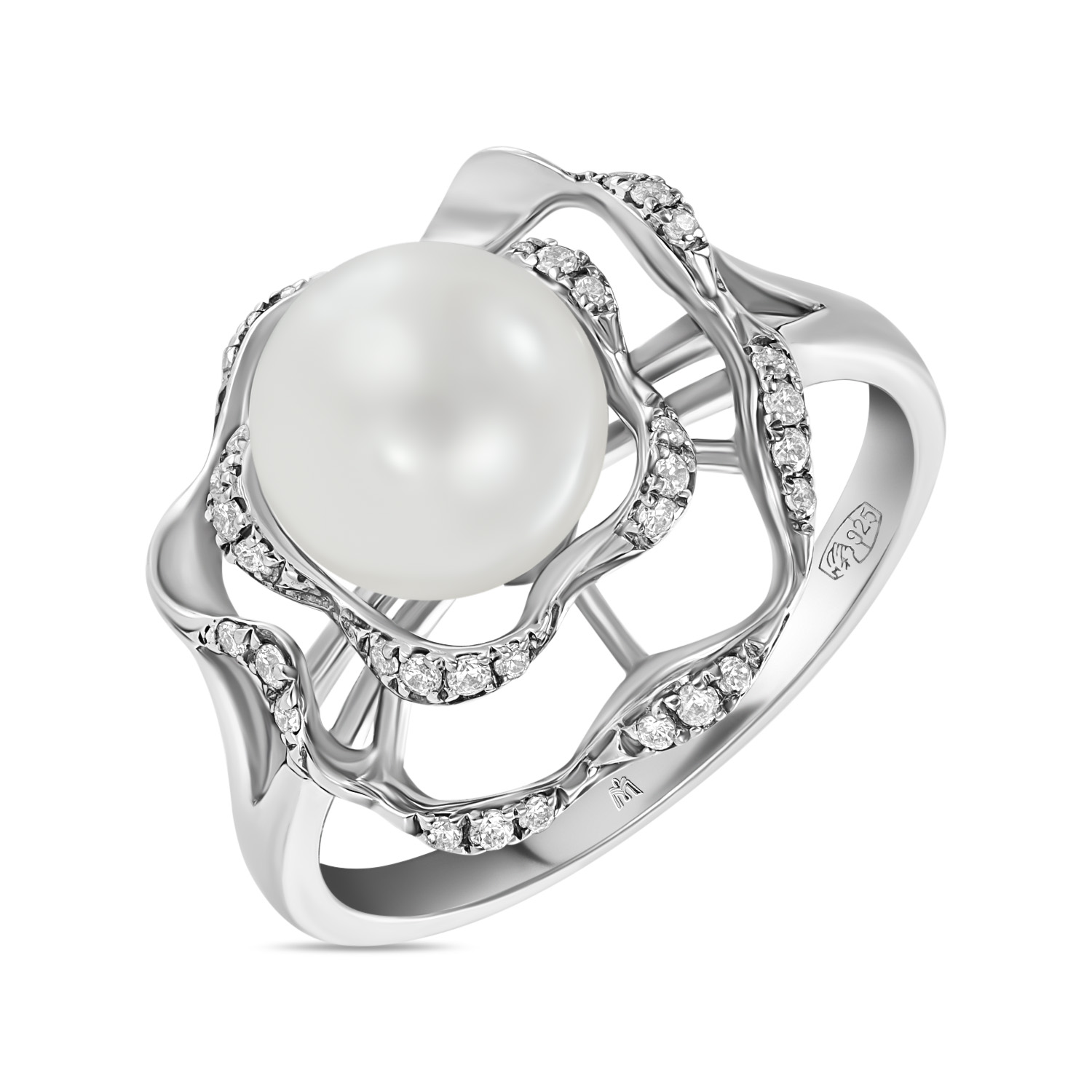 Кольца МЮЗ Серебряное кольцо с жемчугом и фианитами кольца мюз серебряное кольцо с жемчугом