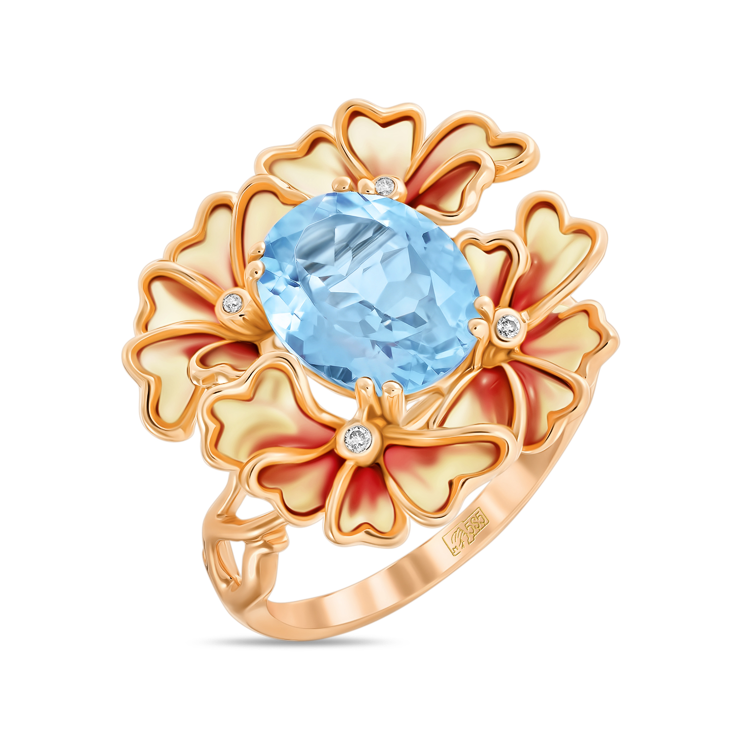 Кольца МЮЗ Золотое кольцо с топазом, бриллиантами и эмалью
