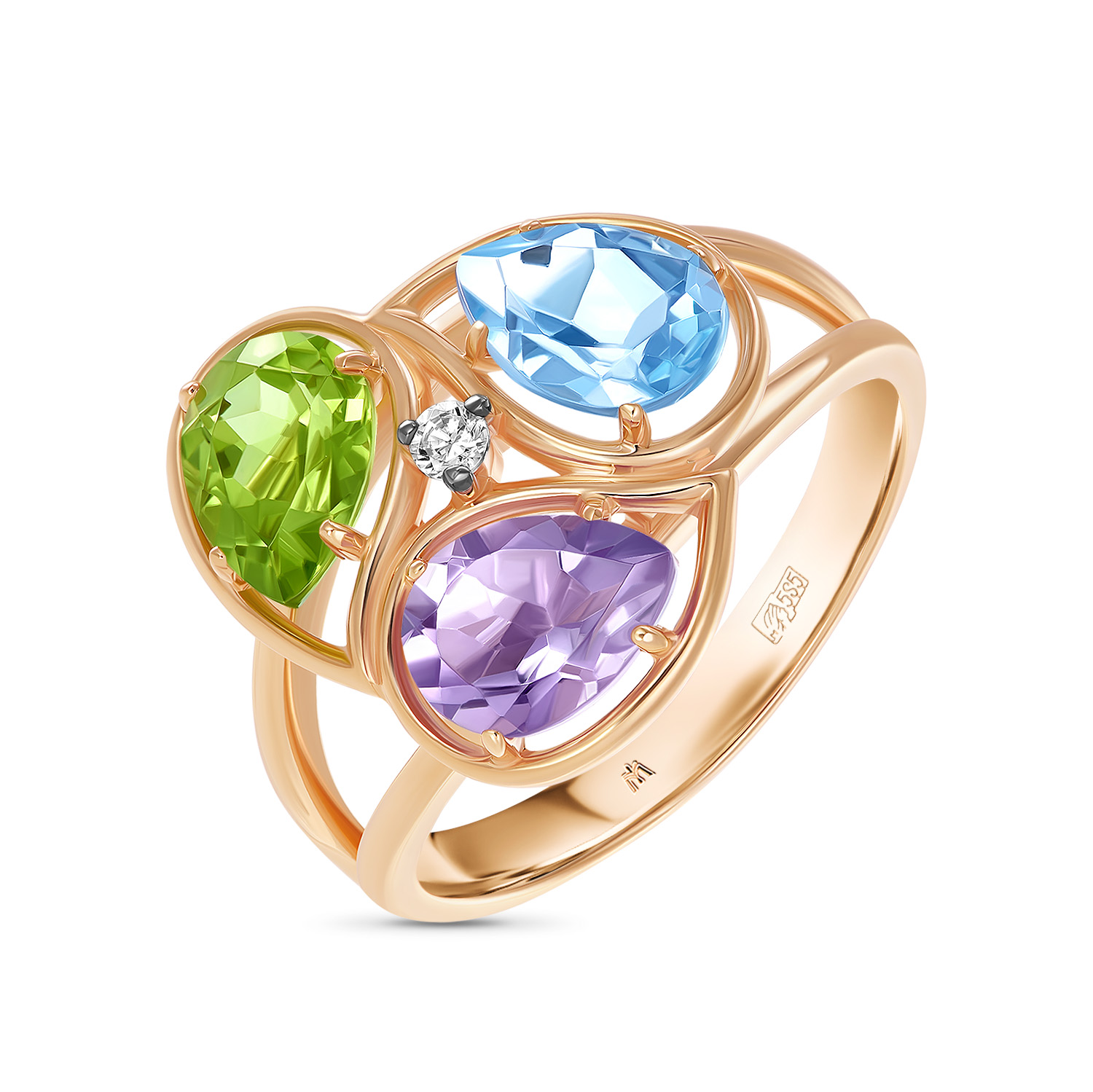 Кольца МЮЗ Золотое кольцо с аметистом, топазом, хризолитом и фианитом кольца мюз золотое кольцо с аметистом и топазом
