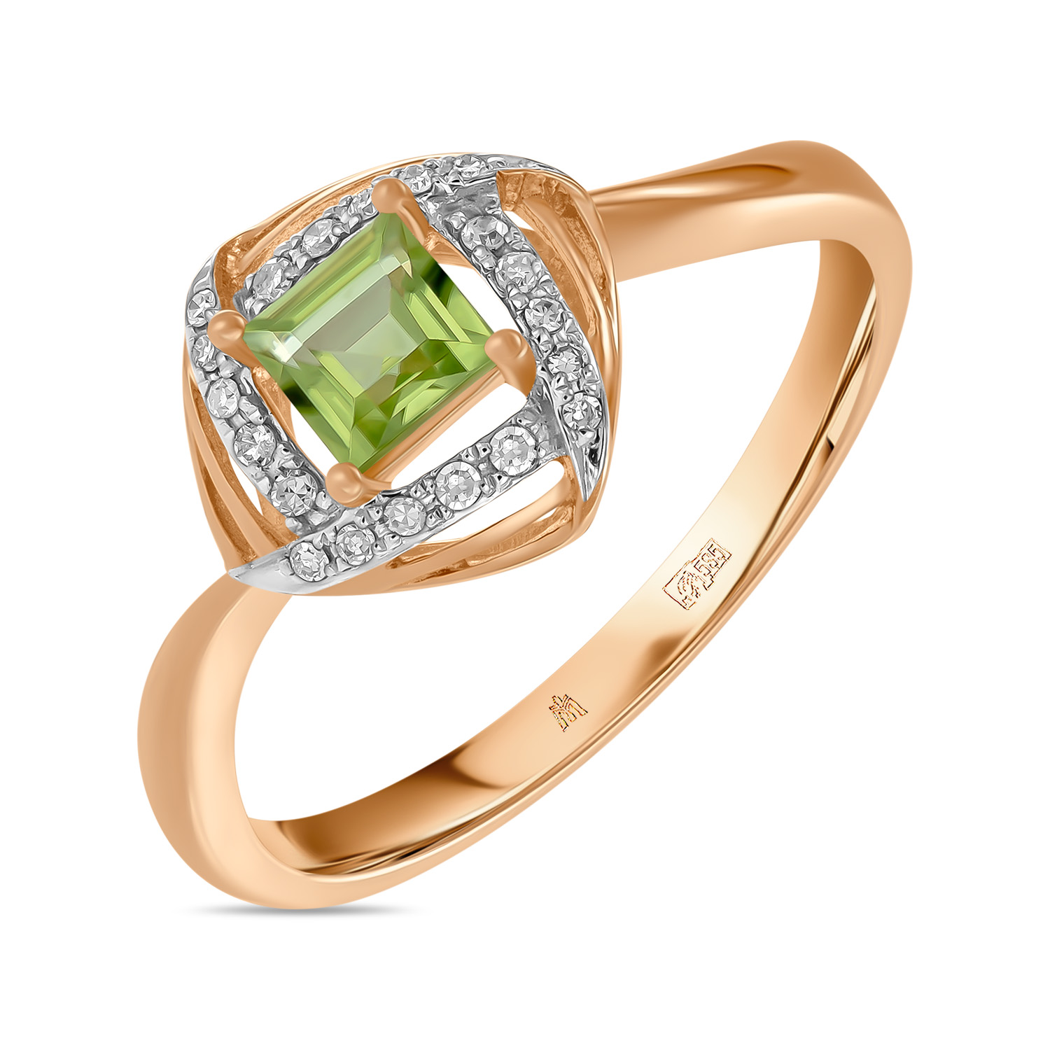 Кольца МЮЗ Золотое кольцо с бриллиантами и перидотом кулон с перидотом с лепестками