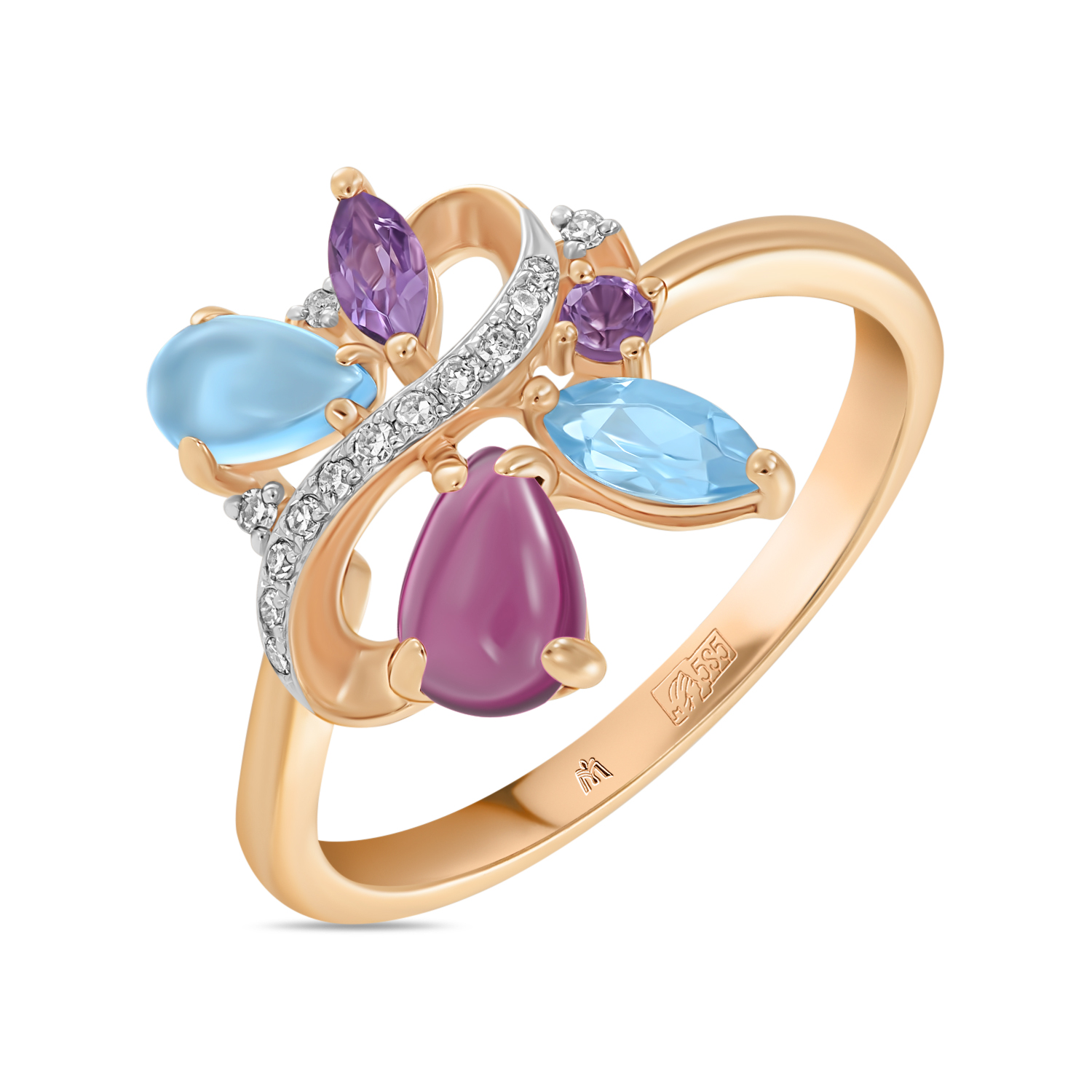 кольца мюз золотое кольцо с аметистами топазом и бриллиантами Кольца МЮЗ Золотое кольцо с аметистами, топазом, бриллиантами и родолитом