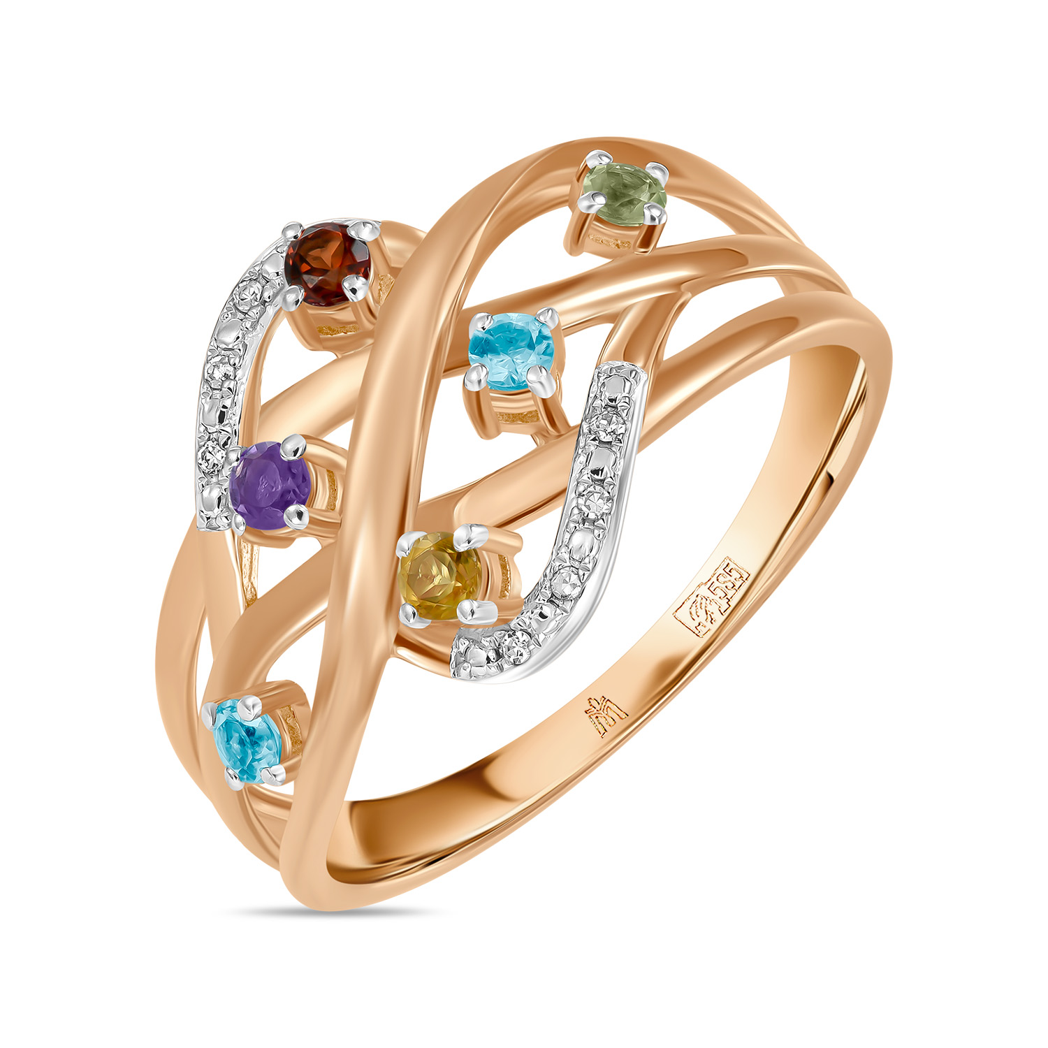 Кольца МЮЗ Золотое кольцо с аметистом, топазом, цитрином, бриллиантами, гранатом и перидотом кольца мюз золотое кольцо с аметистом топазом бриллиантами и перидотом