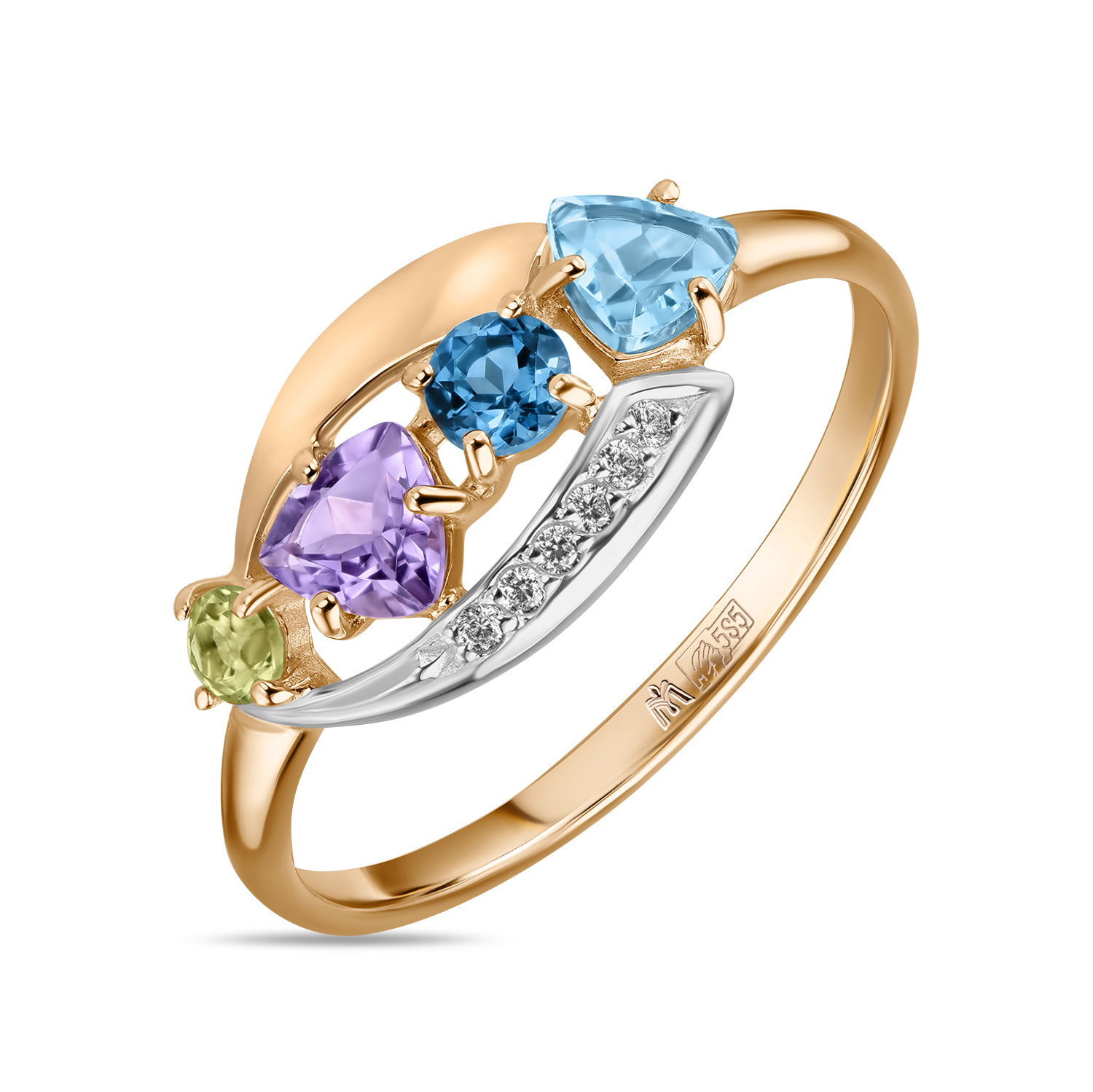 Кольца МЮЗ Кольцо с аметистом, топазом, хризолитом и фианитами кольца мюз золотое кольцо с цитрином хризолитом и фианитами
