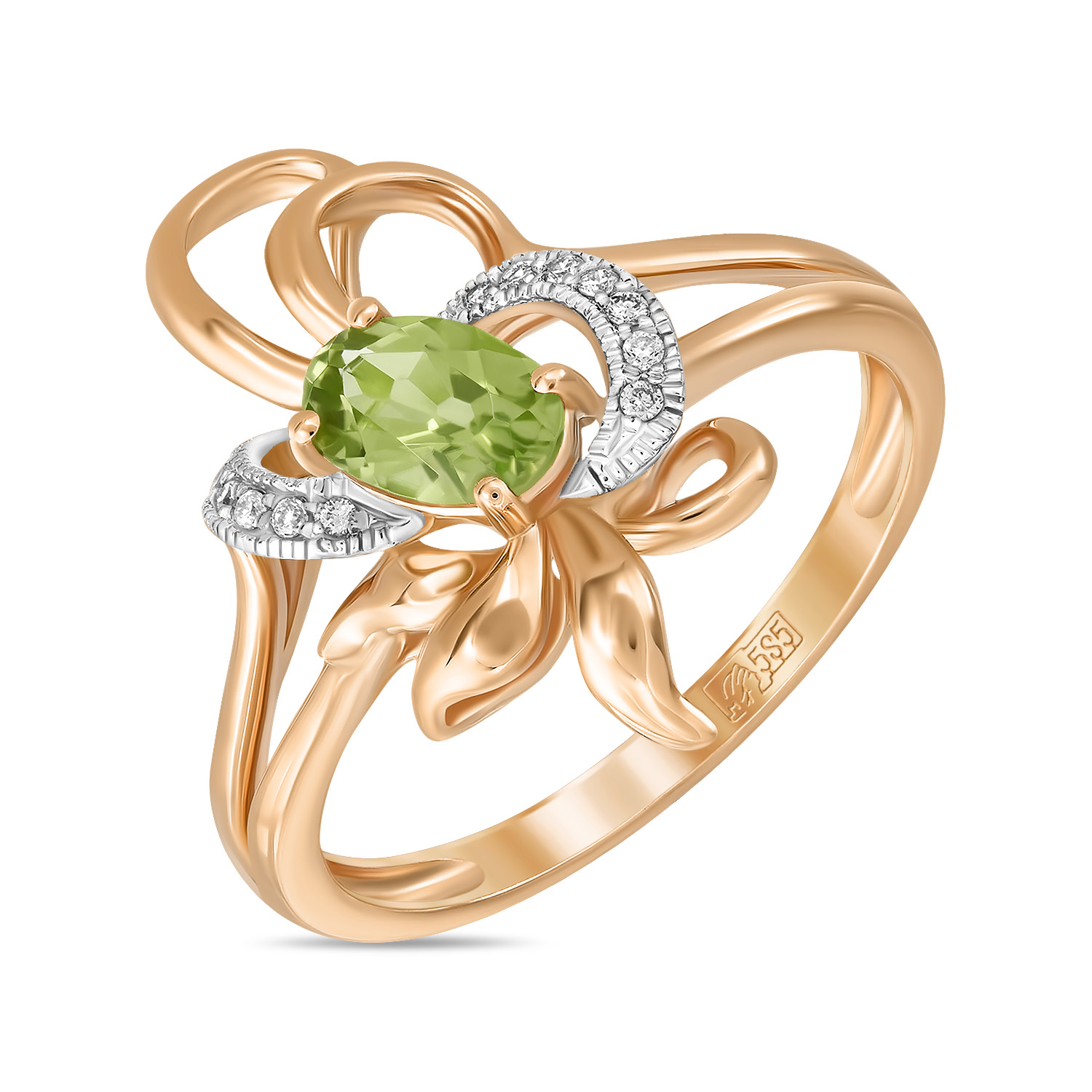 Кольца МЮЗ Золотое кольцо с бриллиантами и перидотом кольцо с перидотом восточное солнце