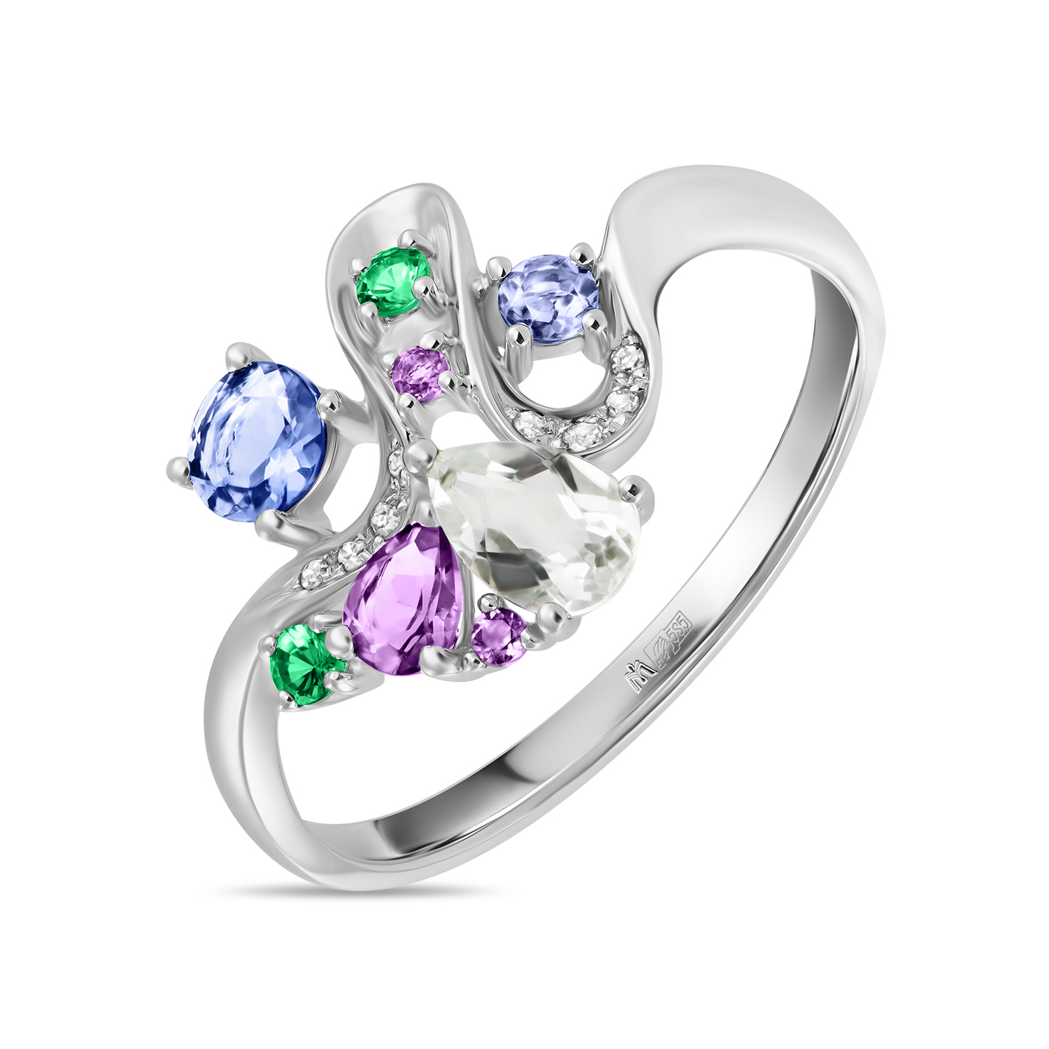 Кольца МЮЗ Золотое кольцо с аметистами, бриллиантами, гранатами и иолитом
