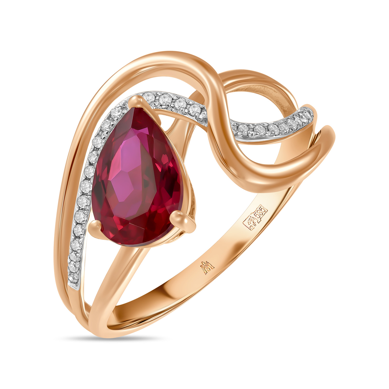 Кольца МЮЗ Золотое кольцо с бриллиантами и синтетическим рубином кольца мюз золотое кольцо с синтетическим рубином и фианитами