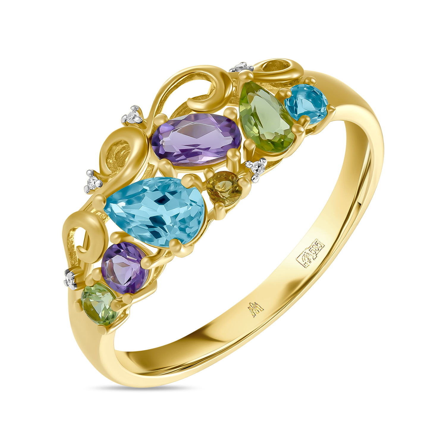 кольца мюз золотое кольцо с аметистами топазом и бриллиантами Кольца МЮЗ Золотое кольцо с аметистами, топазом, цитрином, бриллиантами и перидотами