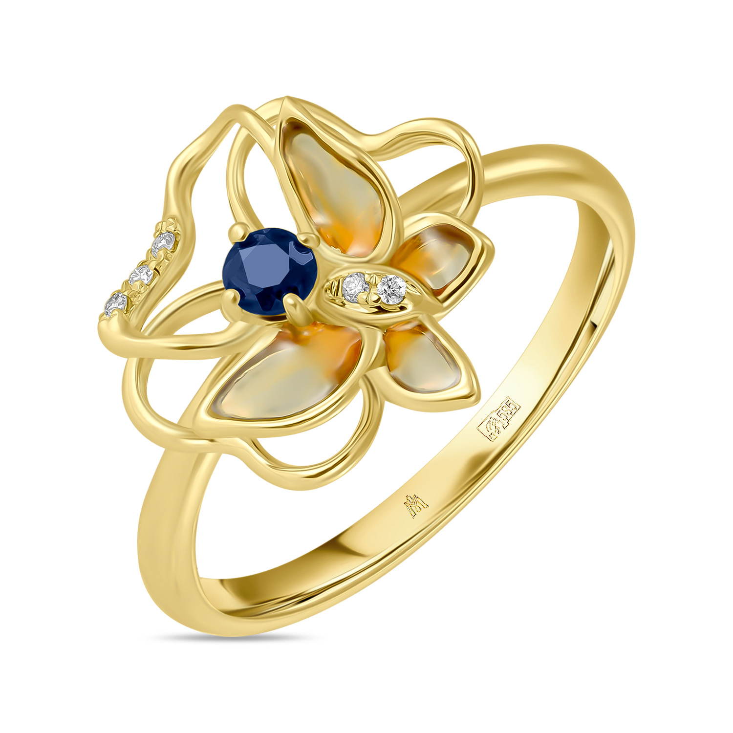 Кольца МЮЗ Золотое кольцо с бриллиантами, эмалью и сапфиром