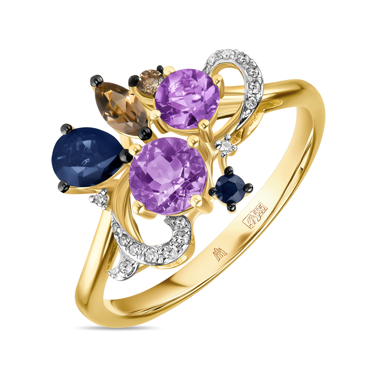 кольца мюз золотое кольцо с аметистами цитрином кварцем цветными сапфирами и цаворитом Кольца МЮЗ Золотое кольцо с аметистами, бриллиантами, сапфирами и кварцем