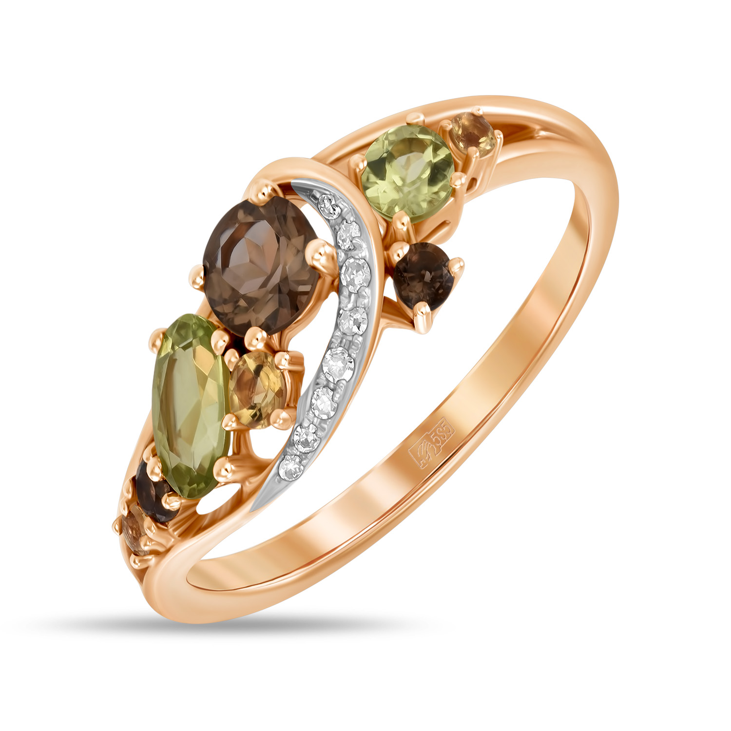 Кольца МЮЗ Золотое кольцо с цитрином, бриллиантами, перидотами и кварцем