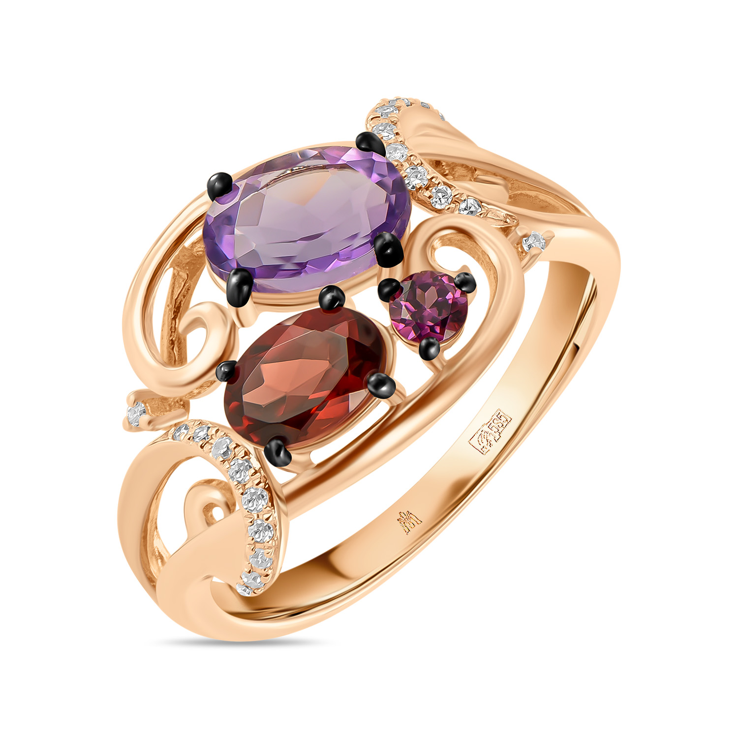 Кольца МЮЗ Золотое кольцо с аметистом, бриллиантами, гранатом и родолитом