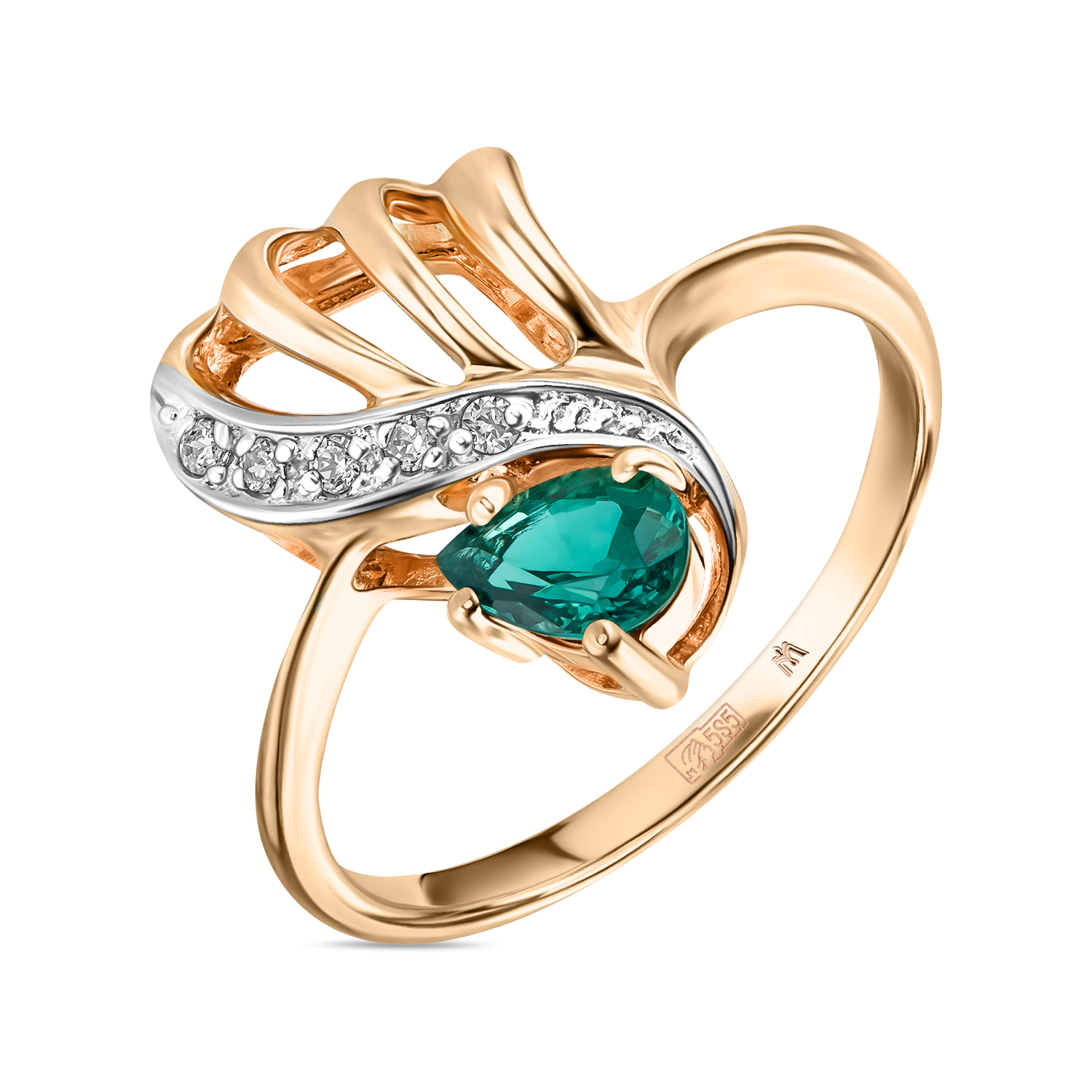 кольца мюз золотое кольцо с фианитами и гидротермальным изумрудом Кольца МЮЗ Золотое кольцо с фианитами и гидротермальным изумрудом
