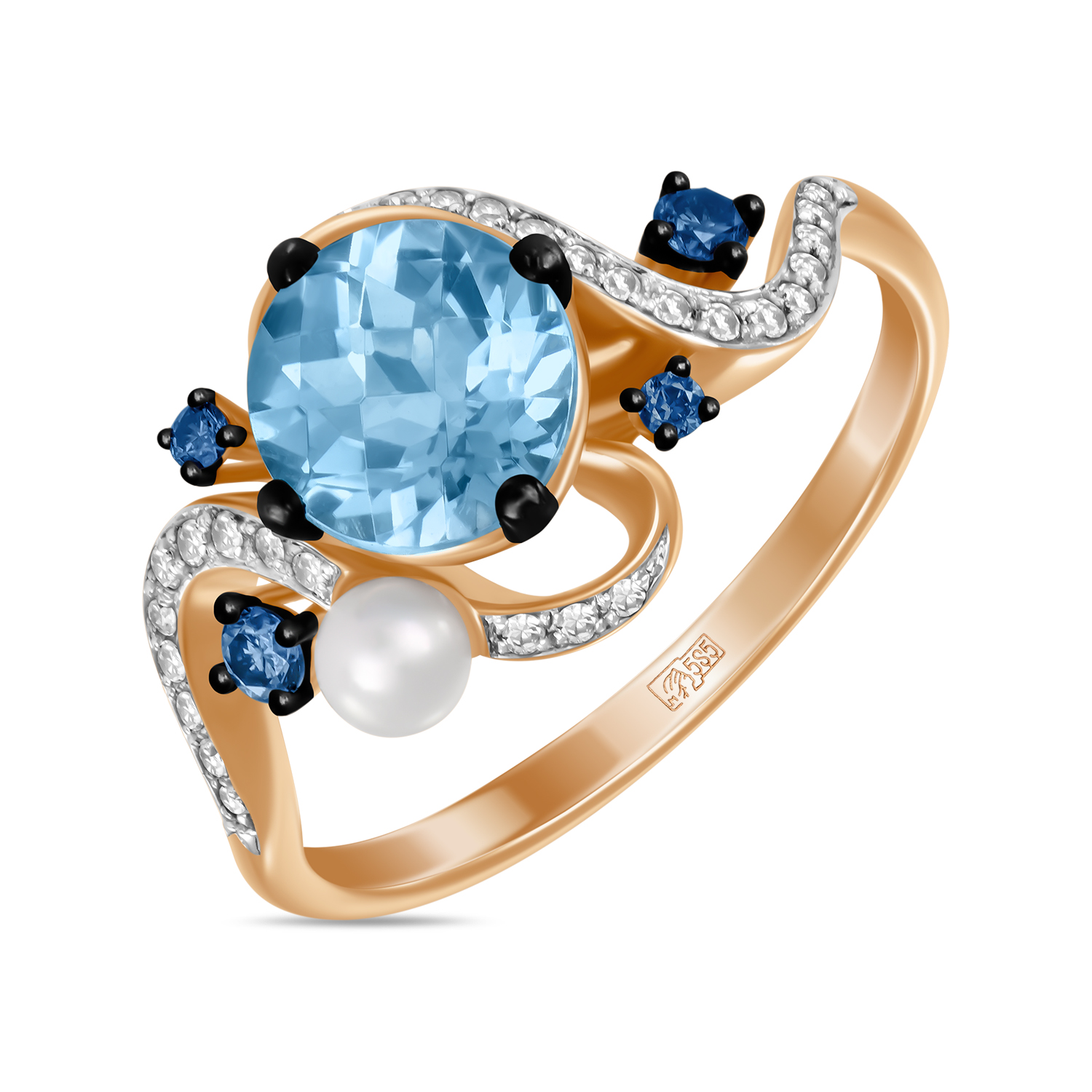 Кольца МЮЗ Золотое кольцо с топазом, бриллиантами, цветными бриллиантами и жемчугом кольца мюз золотое кольцо с аметистом топазом бриллиантами и цветными бриллиантами