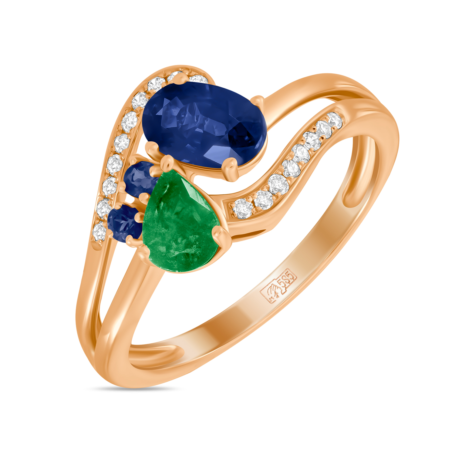 Кольца МЮЗ Золотое кольцо с бриллиантами, изумрудом и сапфирами