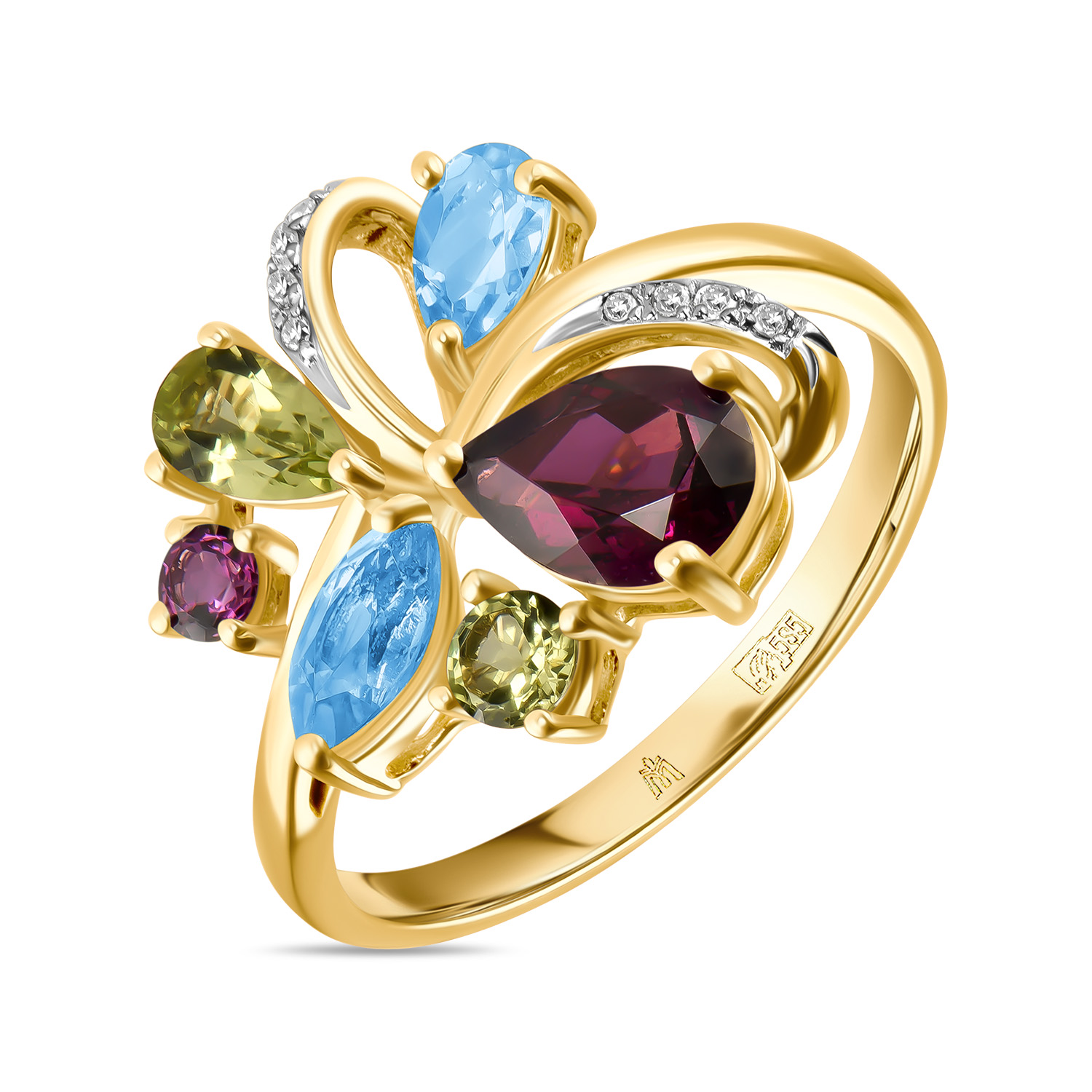 Кольца МЮЗ Золотое кольцо с топазом, бриллиантами, перидотами и родолитом
