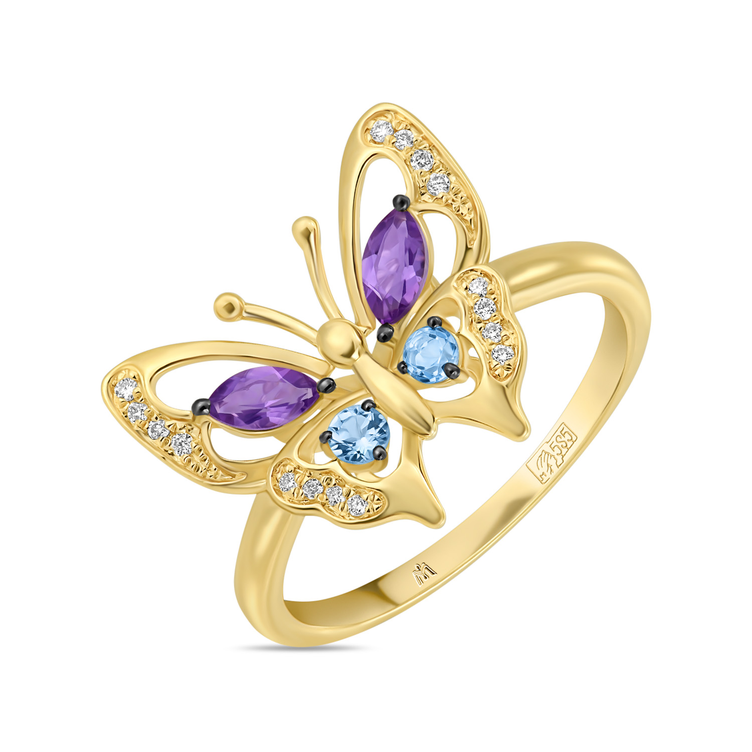Кольца МЮЗ Золотое кольцо с аметистами, топазом и бриллиантами