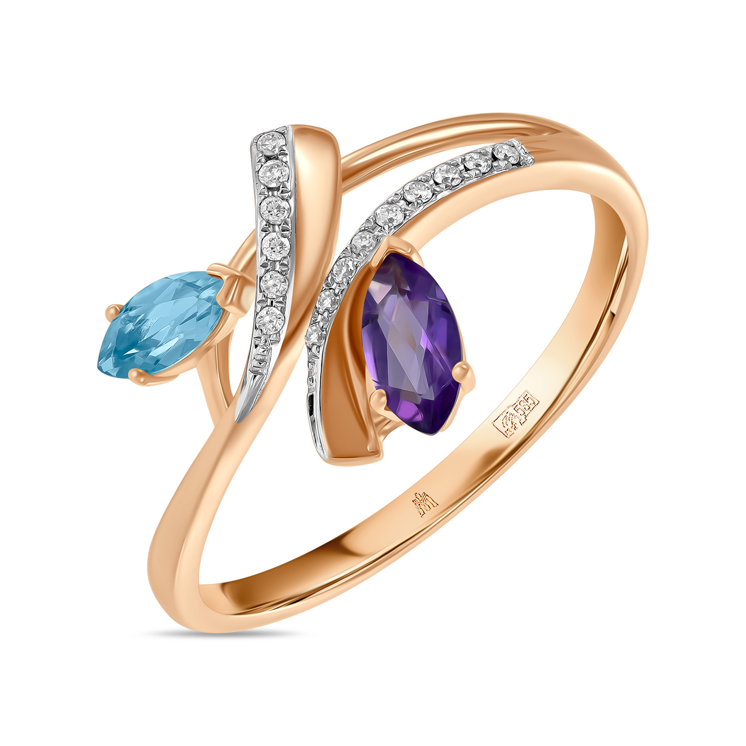 Кольца МЮЗ Золотое кольцо с аметистом, топазом и бриллиантами кольца мюз золотое кольцо с аметистом топазом цитрином бриллиантами и цветными бриллиантами