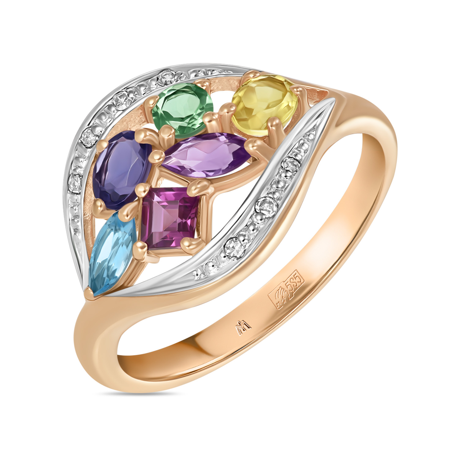 Кольца МЮЗ Золотое кольцо с аметистом, топазом, цитрином, бриллиантами, иолитом, кварцем и родолитом кольца мюз золотое кольцо с аметистом топазом бриллиантами и родолитом