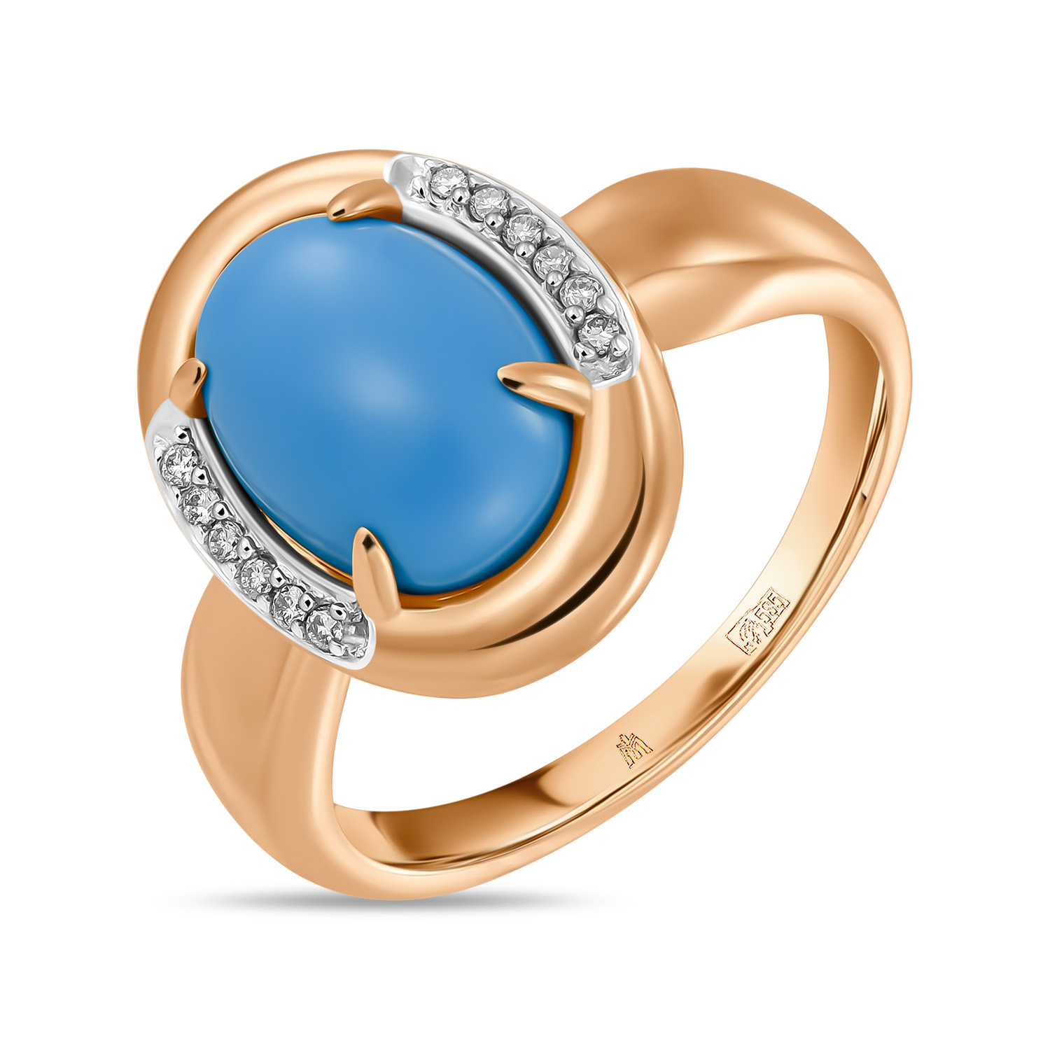 Кольца МЮЗ Золотое кольцо с синтетической бирюзой и бриллиантами кольцо с бирюзой овал в цирконах