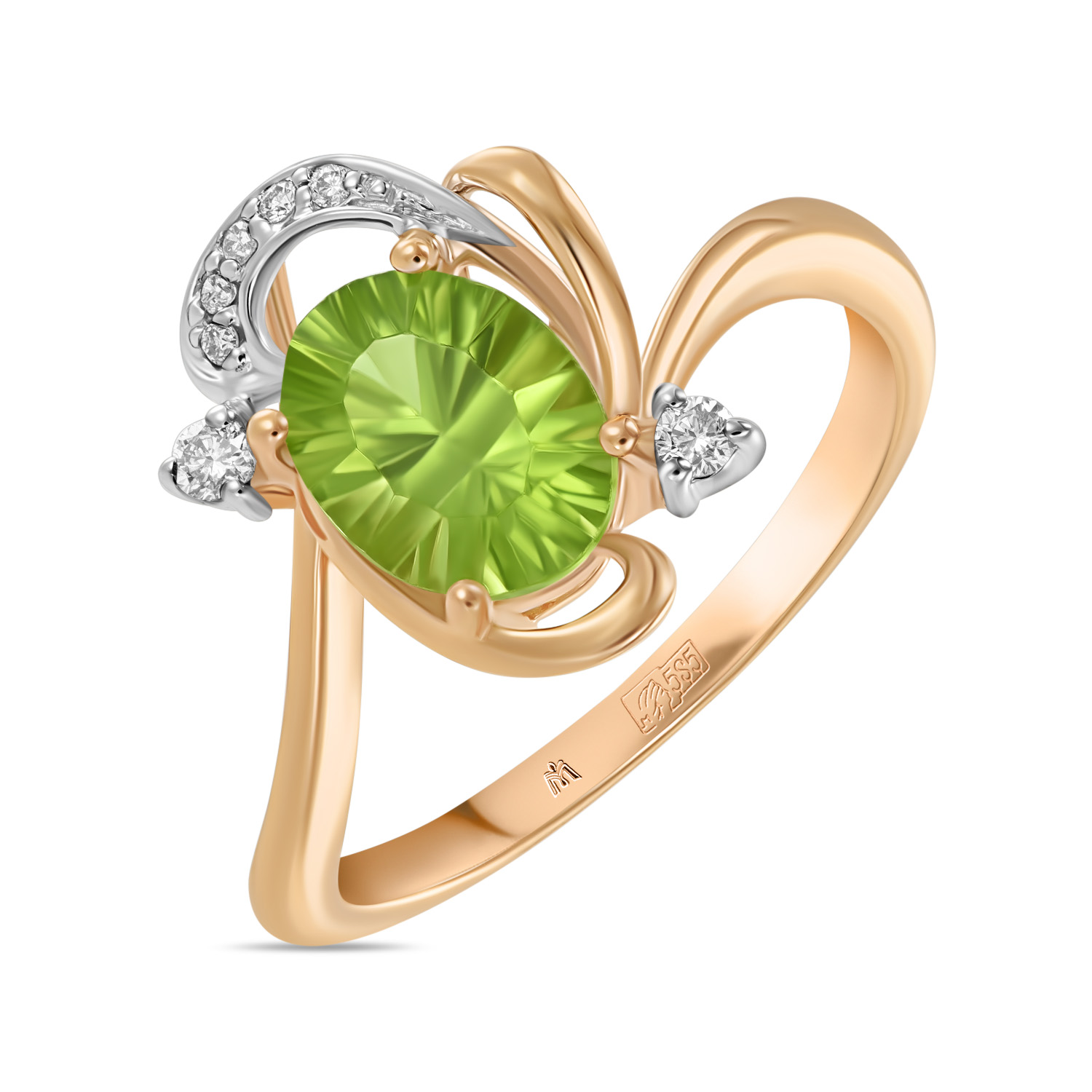 Кольца МЮЗ Золотое кольцо с бриллиантами и перидотом кольцо с перидотом восточное солнце
