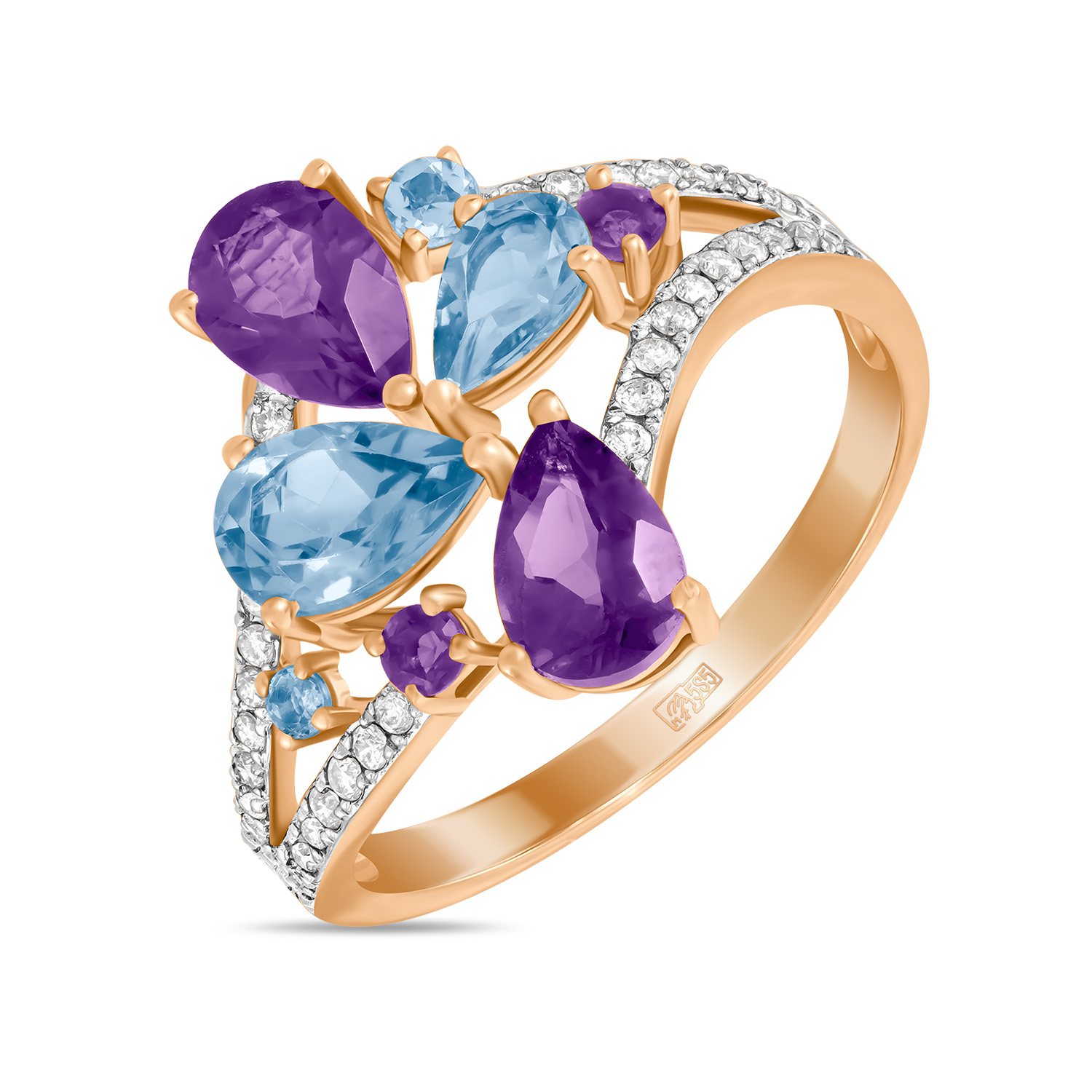 Кольца МЮЗ Золотое кольцо с аметистами, топазом и бриллиантами