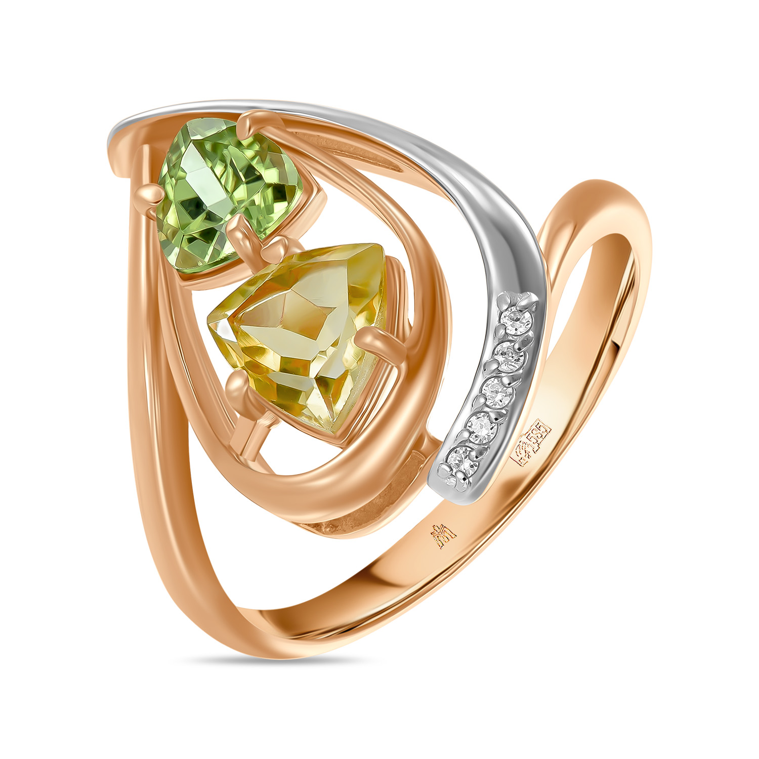 Кольца МЮЗ Золотое кольцо с цитрином, хризолитом и фианитами
