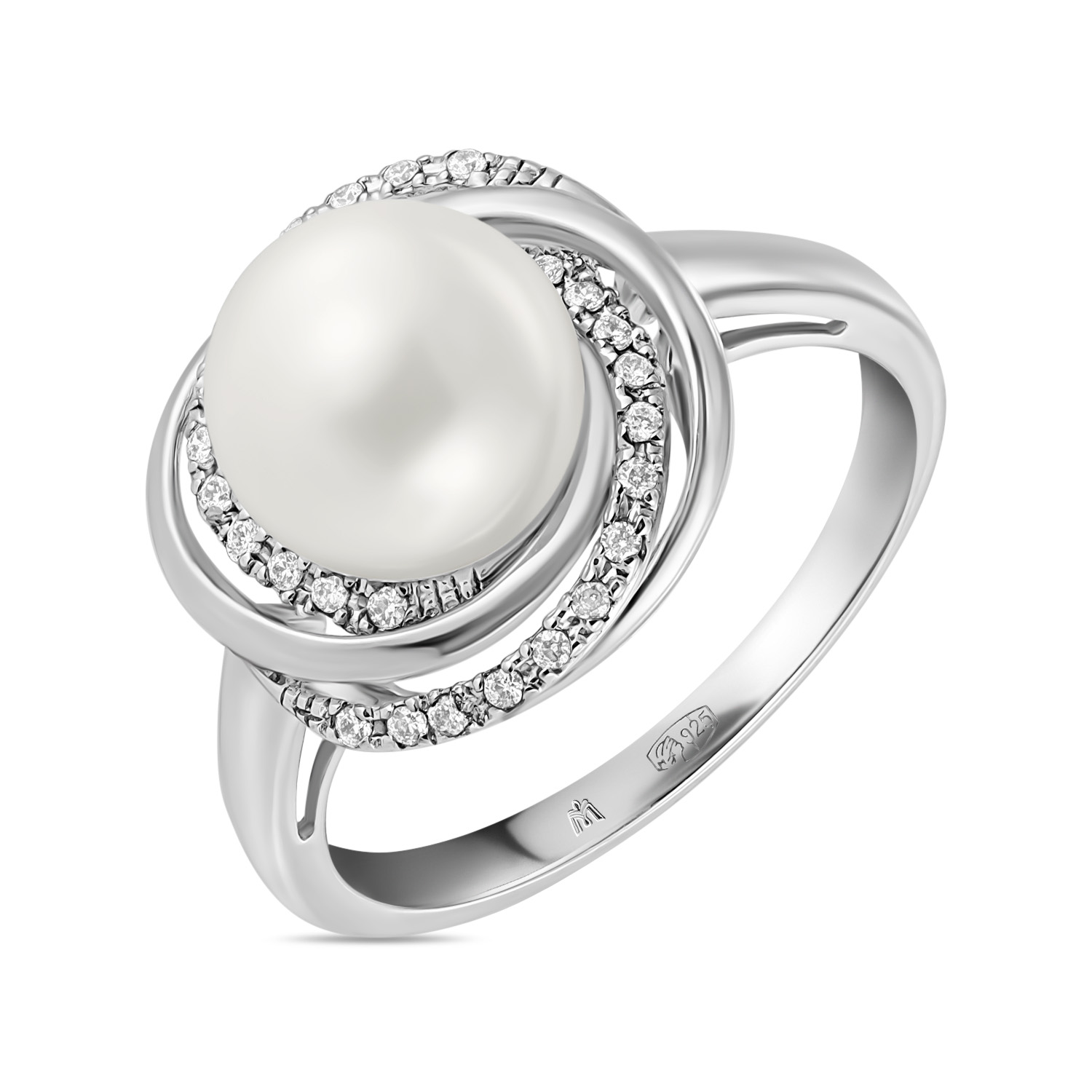 кольца мюз серебряное кольцо с аметистами жемчугом и фианитами Кольца МЮЗ Серебряное кольцо с жемчугом и фианитами