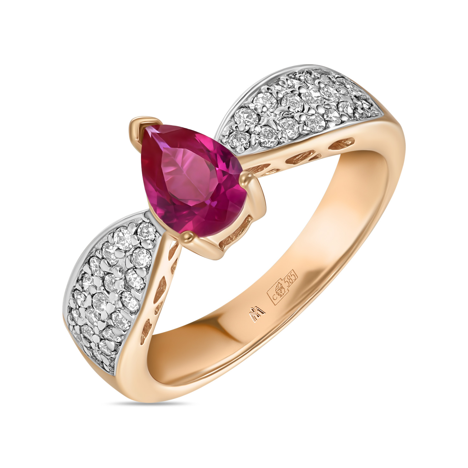 Кольца МЮЗ Золотое кольцо с синтетическим рубином и фианитами