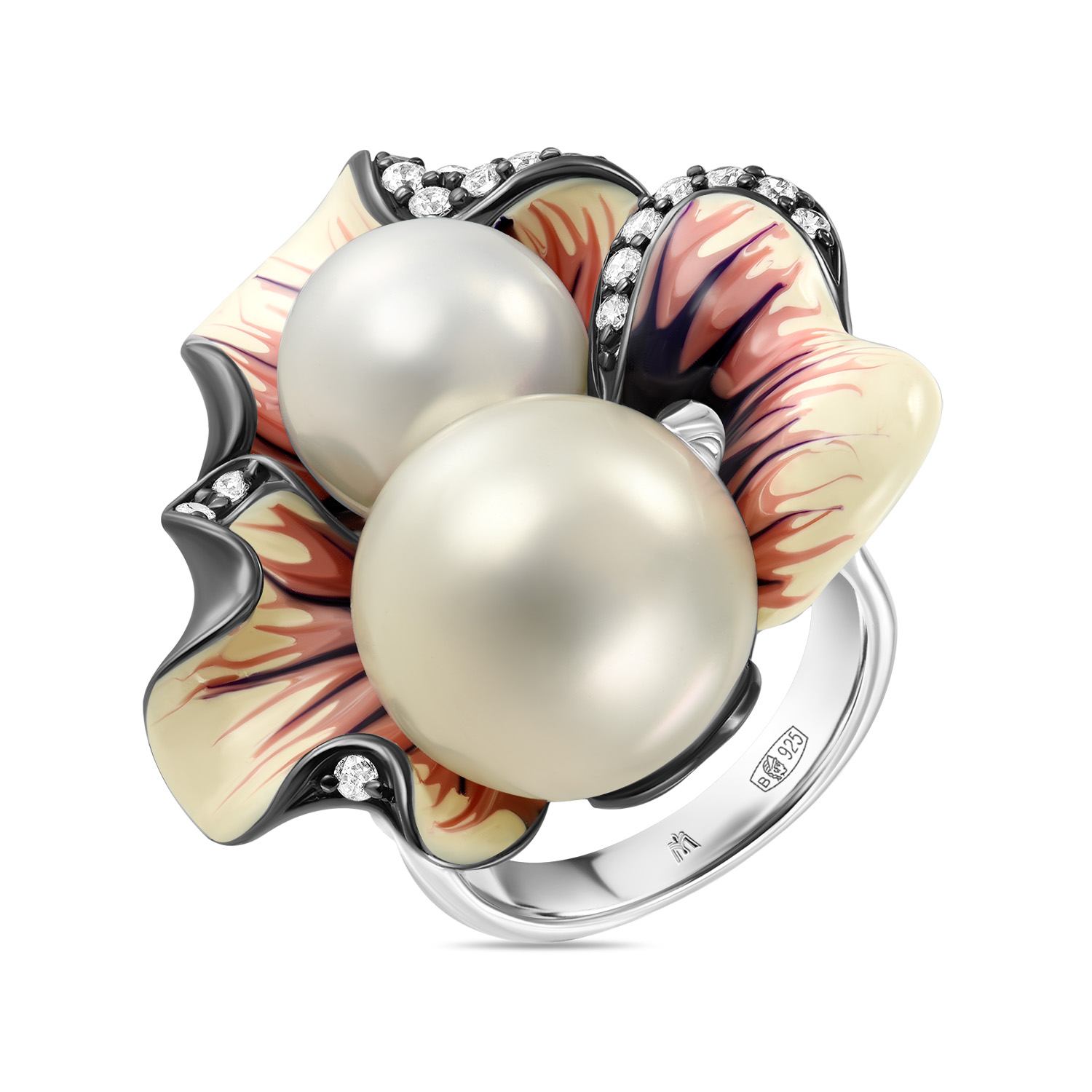 Кольца МЮЗ Серебряное кольцо с эмалью, имитацией жемчуга и фианитами