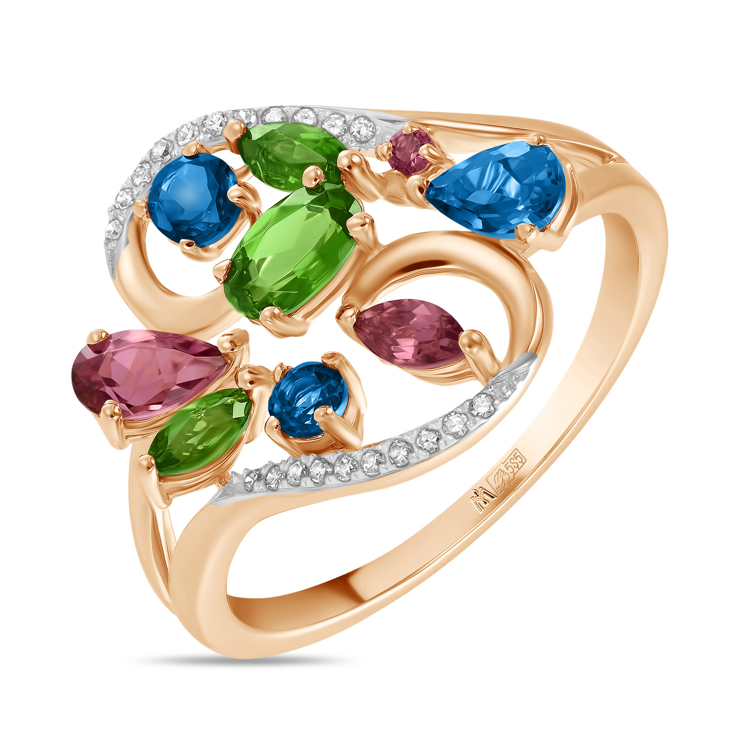 Кольца МЮЗ Золотое кольцо с топазом, бриллиантами, турмалином и хромдиопсидами кольца мюз золотое кольцо с бриллиантами и турмалином