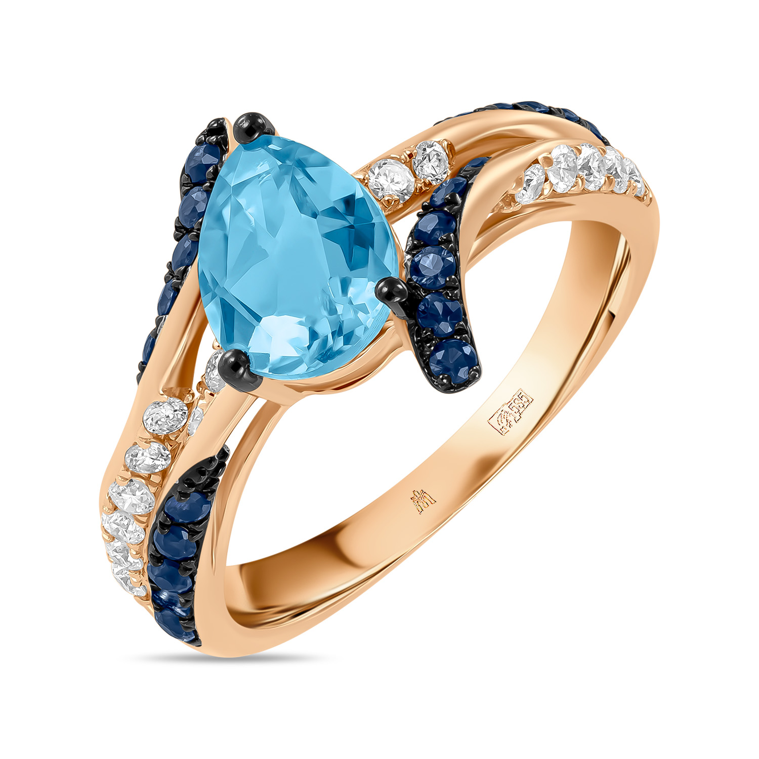кольца мюз золотое кольцо с аметистами топазом бриллиантами иолитом и цветными сапфирами Кольца МЮЗ Золотое кольцо с топазом, бриллиантами и сапфирами